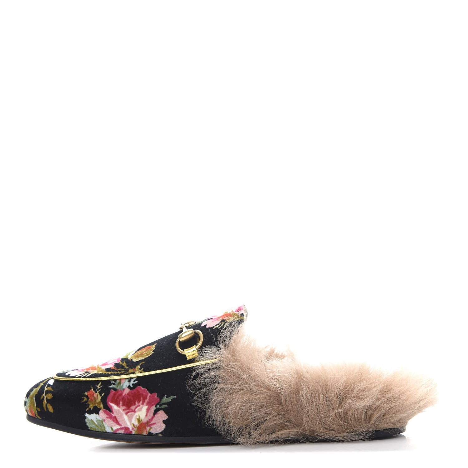 Gucci Velvet Fur Floral Womens Princetown Slippers 36.5 Black 1 of 10
