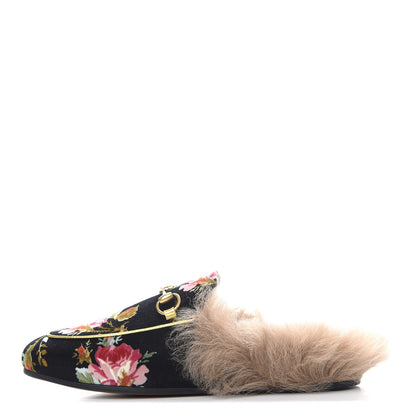 Gucci Velvet Fur Floral Womens Princetown Slippers 36.5 Black 1 of 10