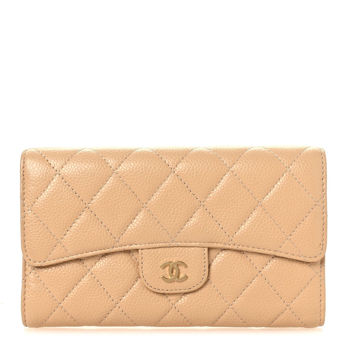 Caviar Quilted Large Gusset Flap Wallet Beige