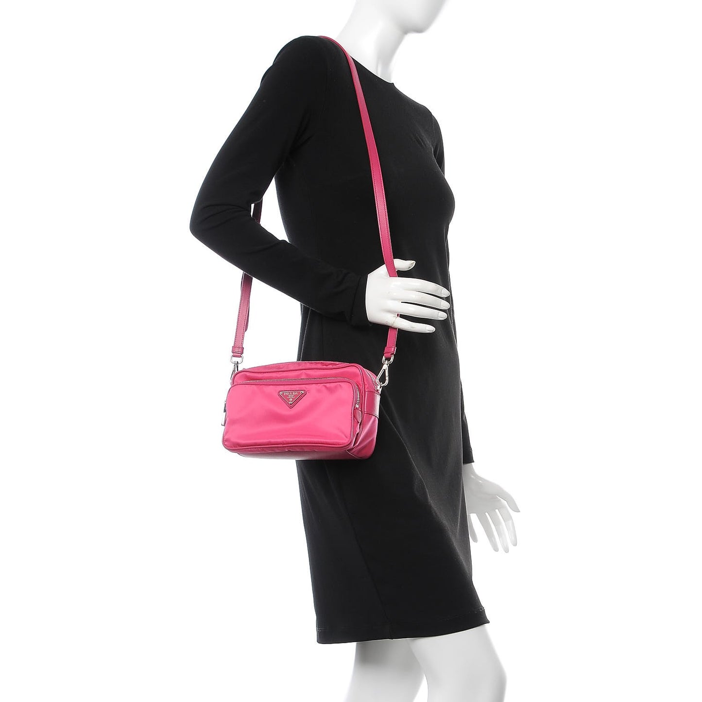 Nylon Saffiano Vela Double Zip Crossbody Bag Fuxia