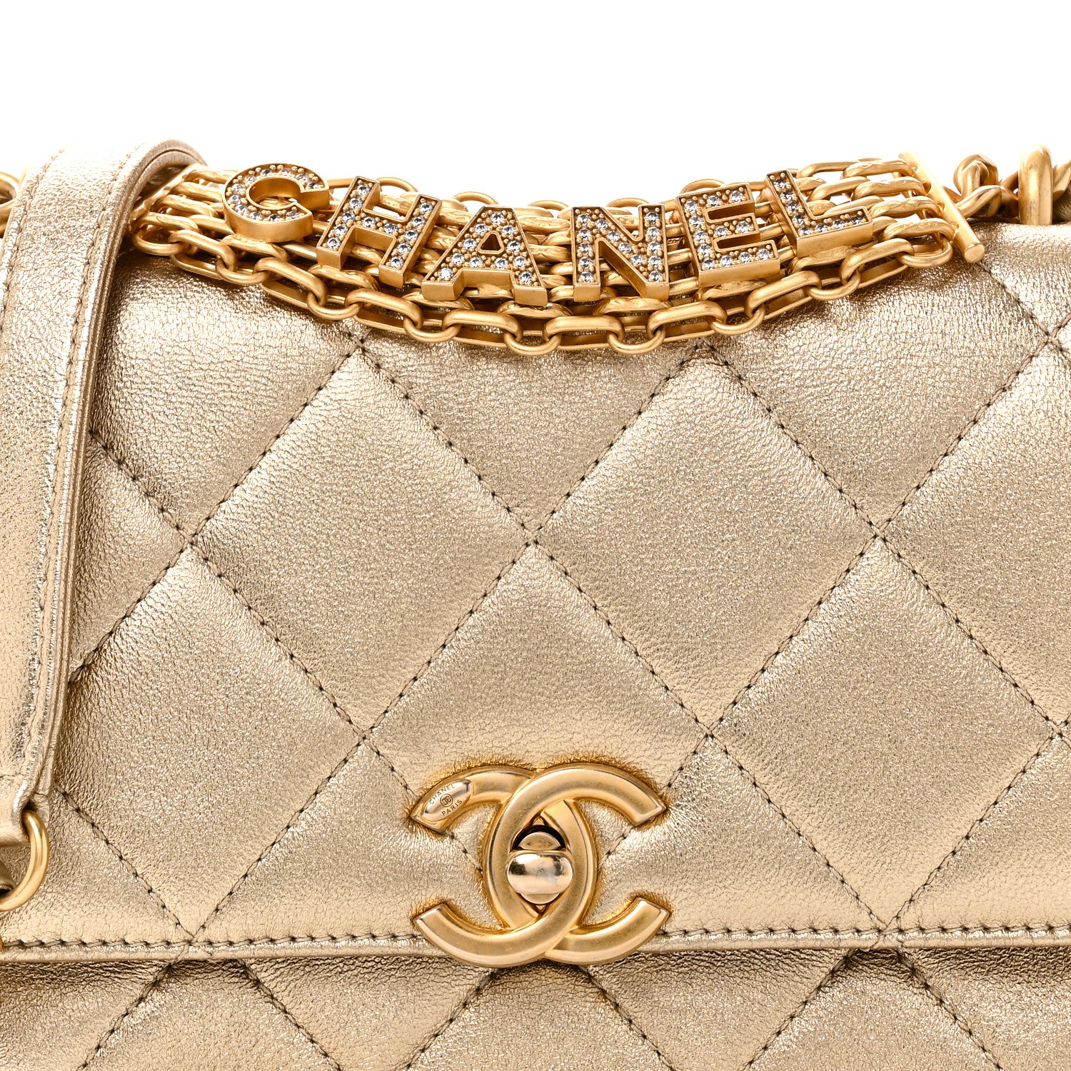 Chanel Metallic Lambskin Quilted Mini CC Crystal Logo Chain Flap