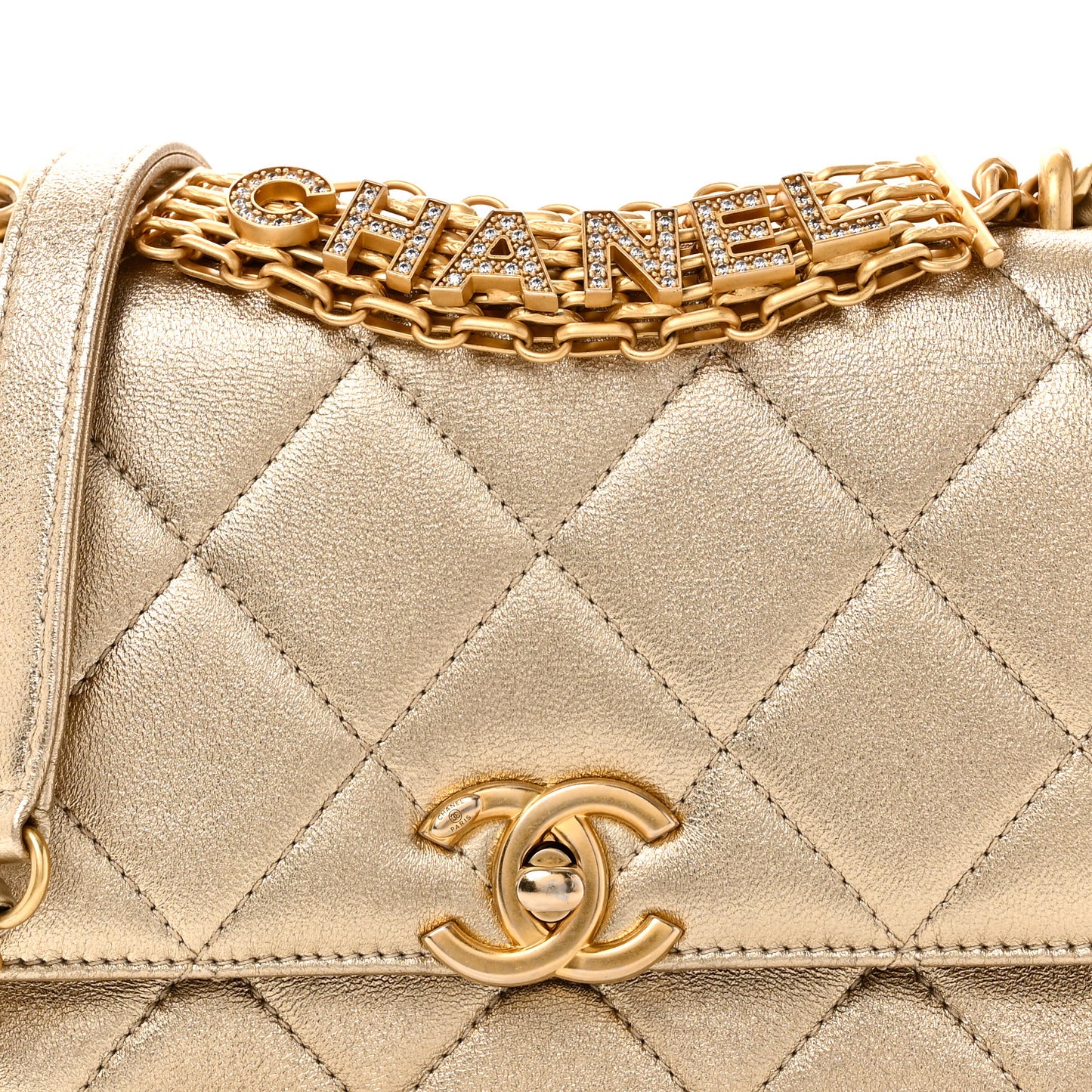 Metallic Lambskin Quilted Mini CC Crystal Logo Chain Flap Gold
