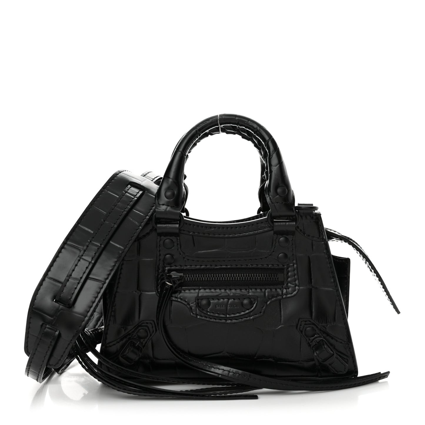 Semi Shiny Calfskin Crocodile Embossed Neo Classic Black Hardware Nano City Black