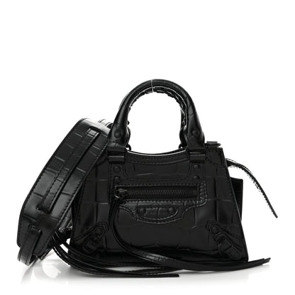 Balenciaga Semi Shiny Calfskin Crocodile Embossed Neo Classic Black Hardware Nano City Black 1 of 10