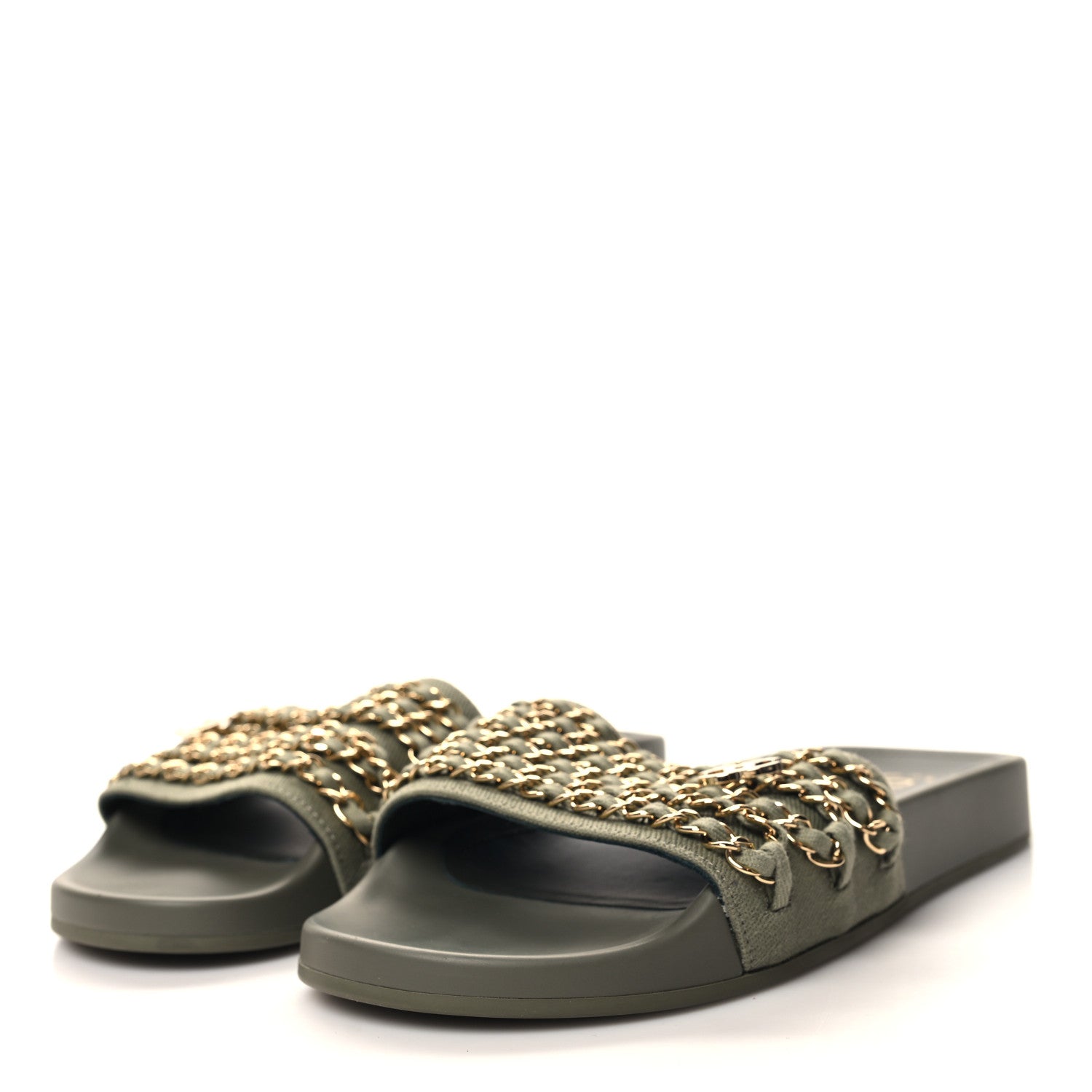Chanel Canvas Chain Flat Sandals 39 Khaki 3 of 8