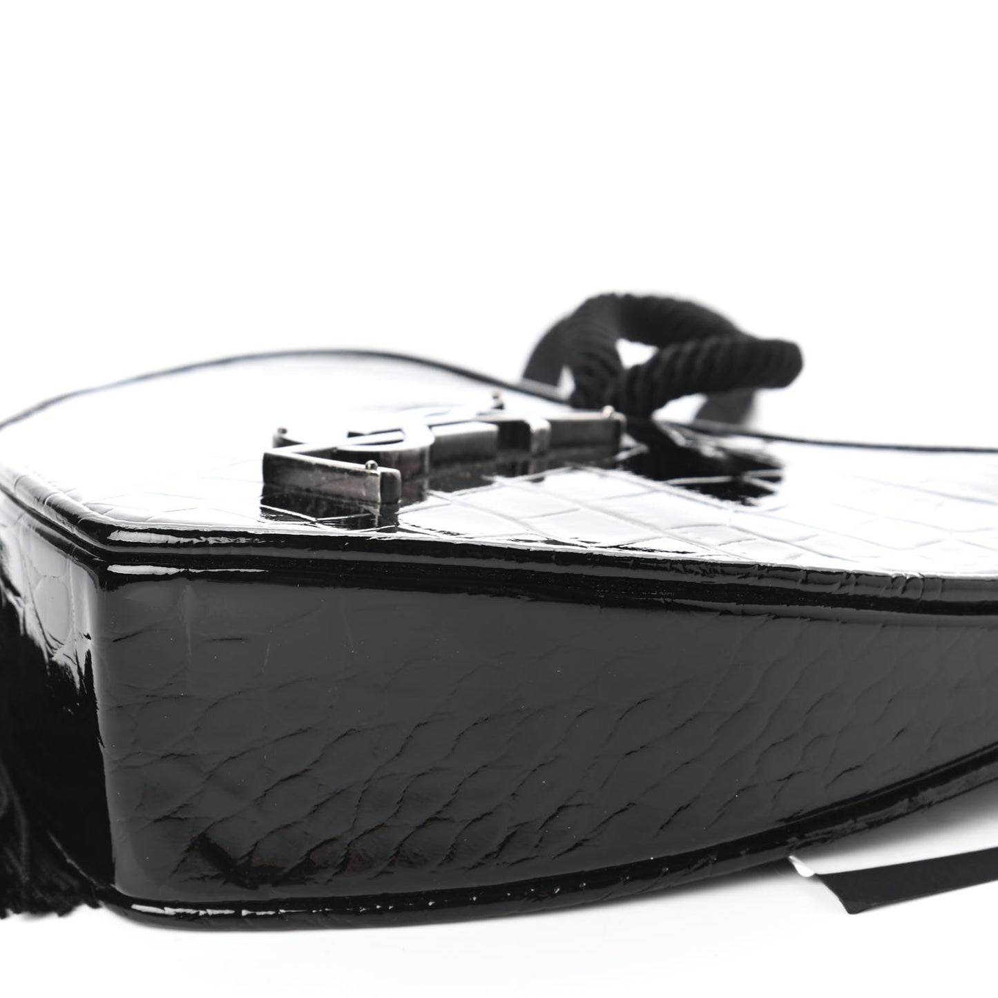 Patent Crocodile Embossed Sac Coeur Heart Shaped Clutch Black
