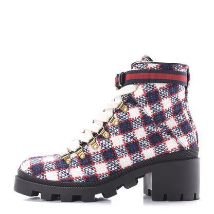 Gucci Vintage Tweed Check Lace Up Combat Ankle Boots 40 White Hibiscus Red Marine 1 of 10
