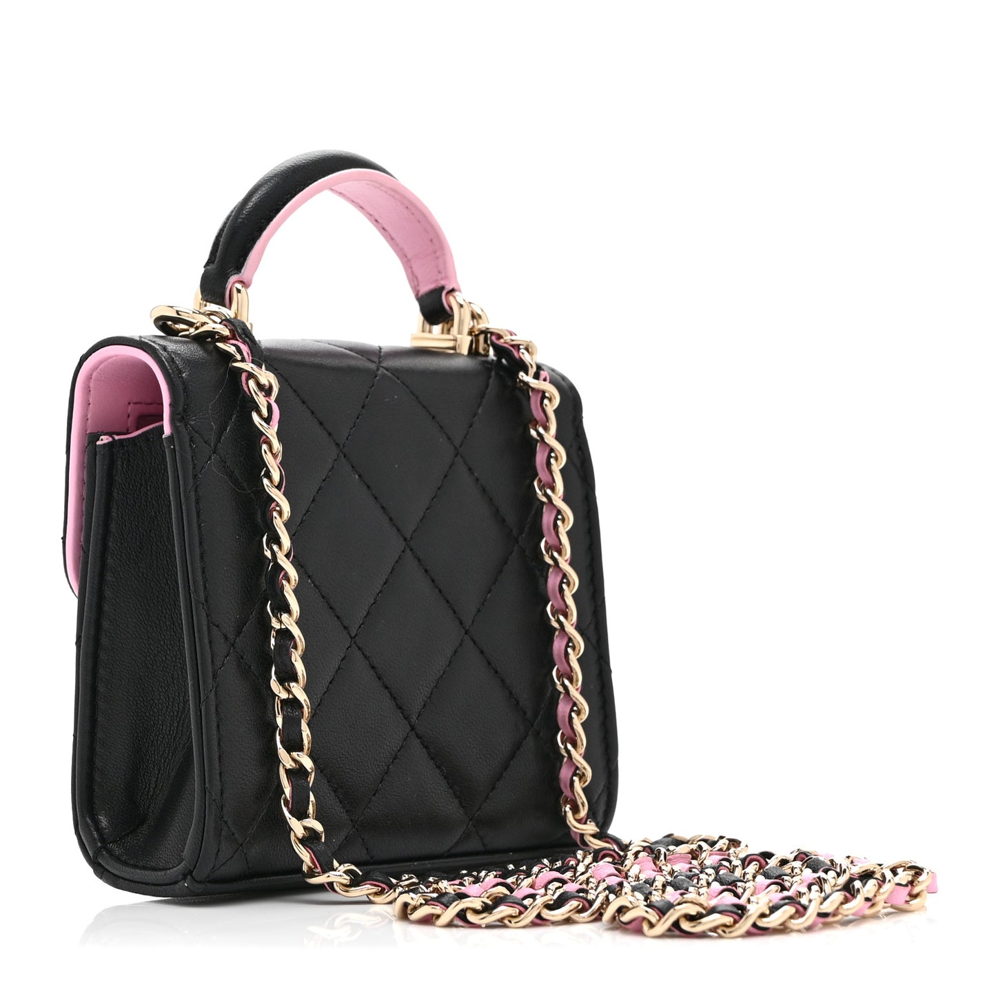 Lambskin Quilted Bi-Color Top Handle Clutch With Chain Black Pink