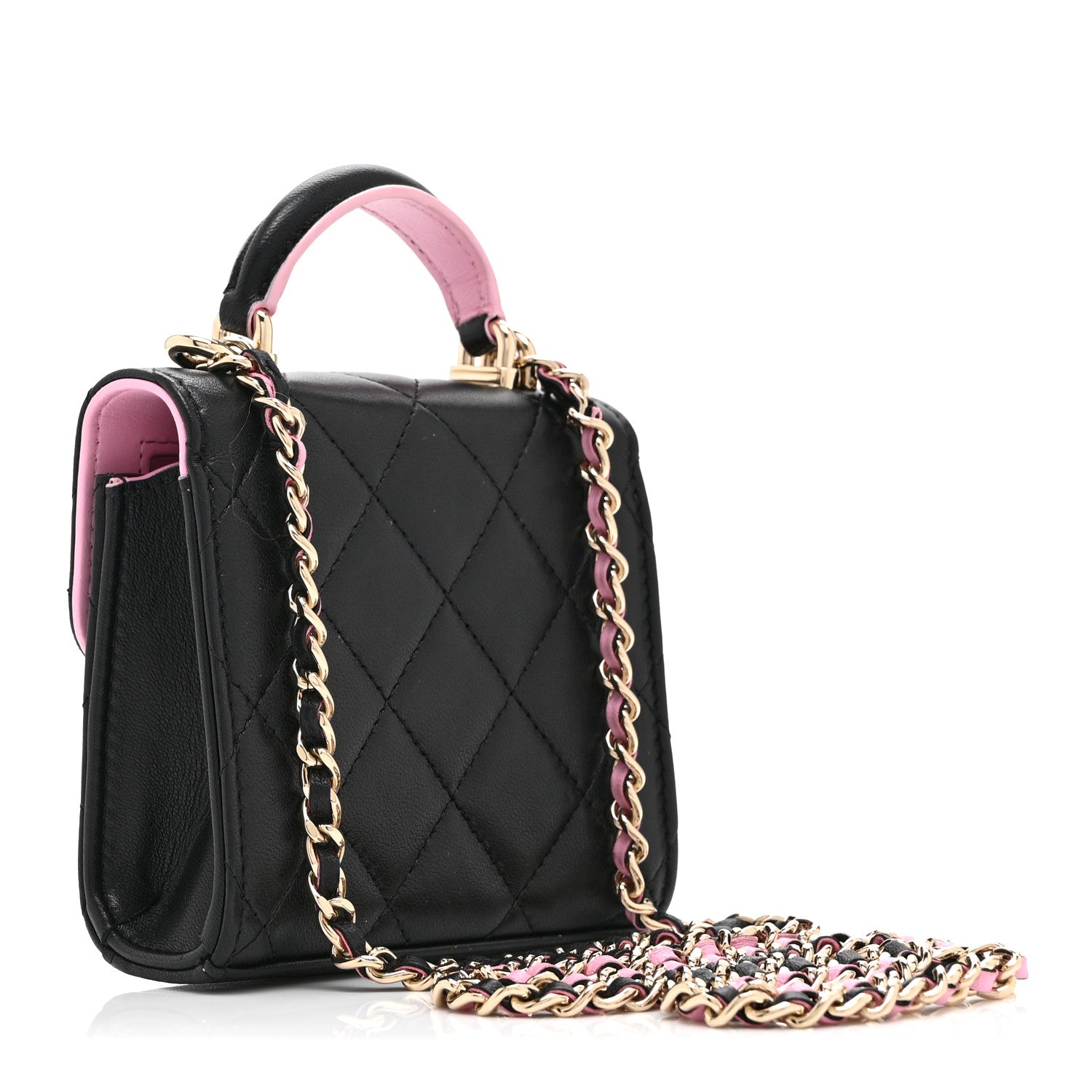 Chanel Lambskin Quilted Bi-Color Top Handle Clutch With Chain Black Pink 3 of 11