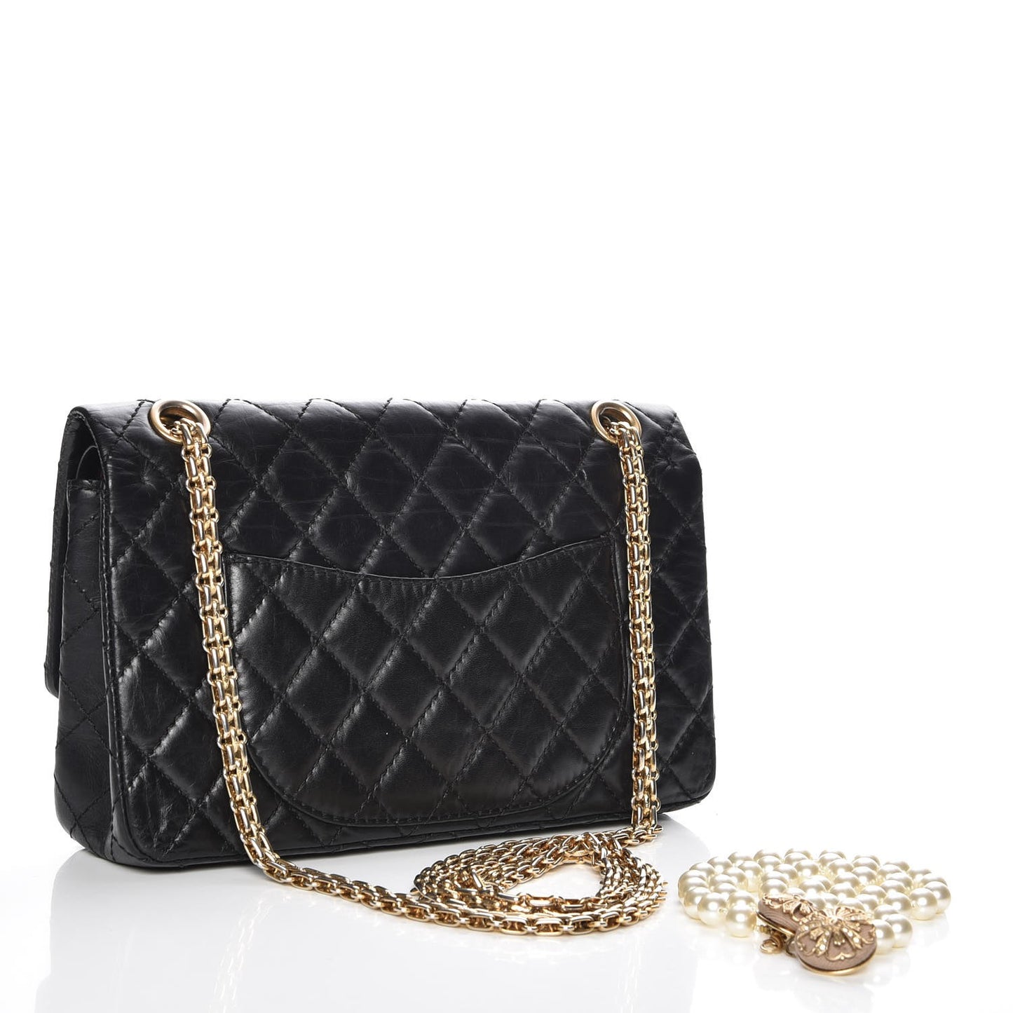 Aged Calfskin Quilted 2.55 Pearls Reissue 225 Flap Black