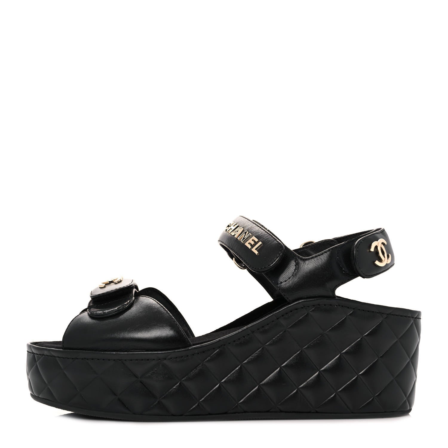 Chanel Shiny Calfskin Logo Platform Sandals 39 Black 1 of 9