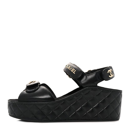 Chanel Shiny Calfskin Logo Platform Sandals 39 Black 1 of 9