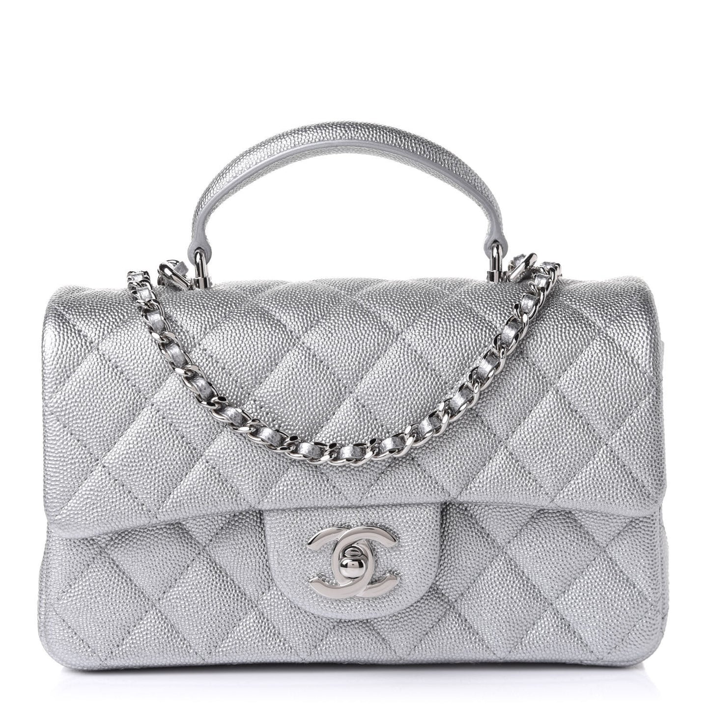 Metallic Caviar Quilted Mini Top Handle Rectangular Flap Silver