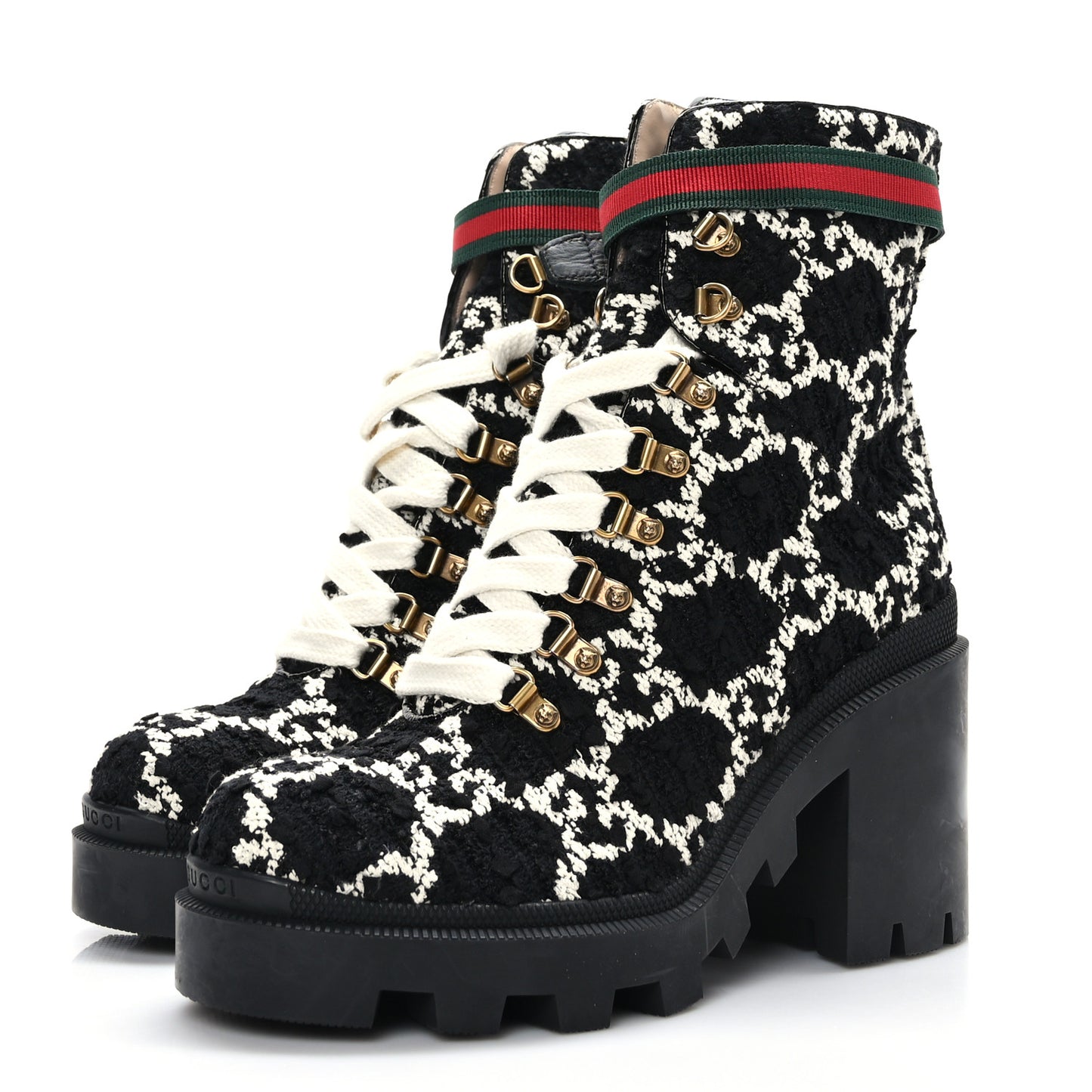 Tweed GG Monogram Lace Up Combat Ankle Boots 40 Black
