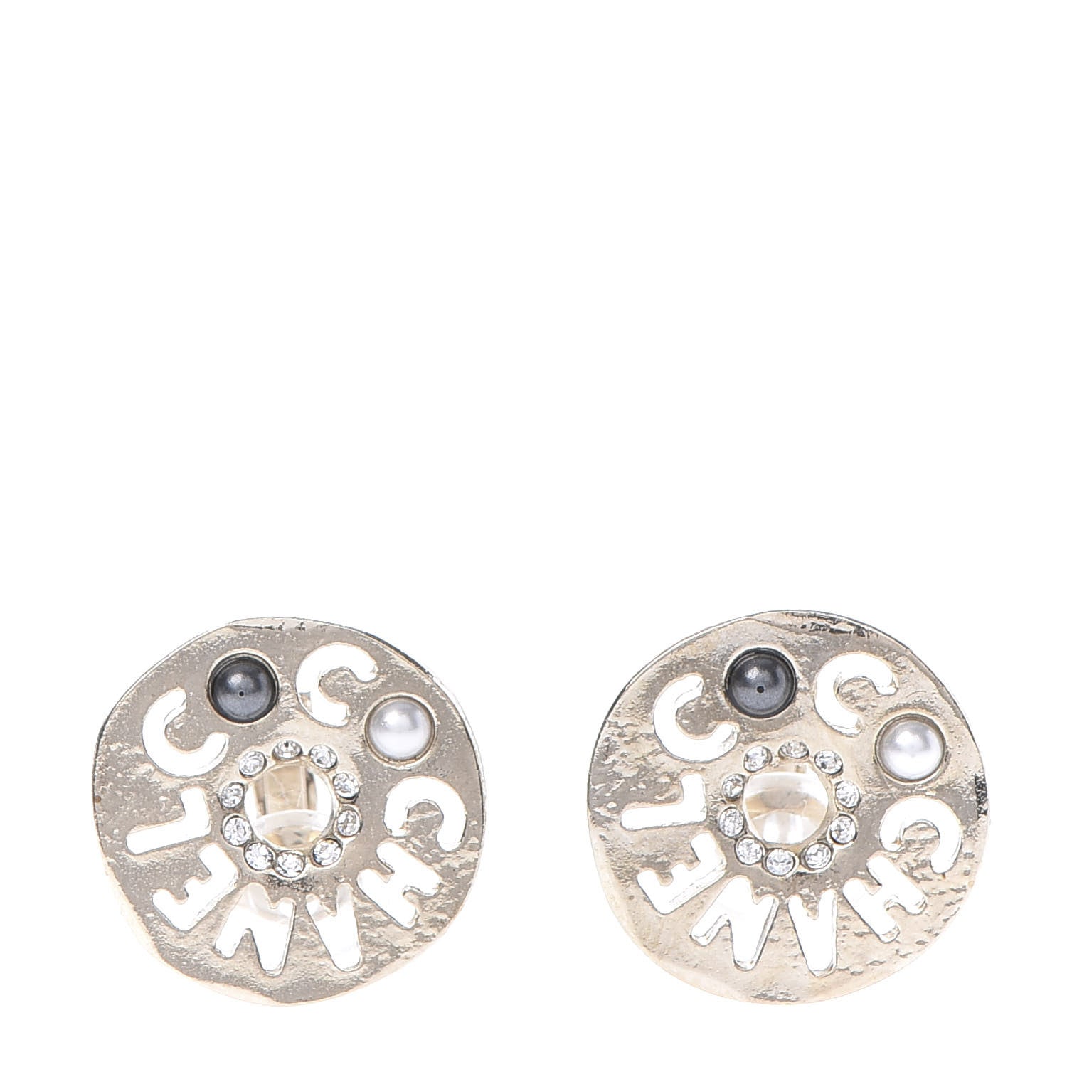Chanel Crystal Pearl Papyrus Stud Clip On Earrings Gold Grey 1 of 5