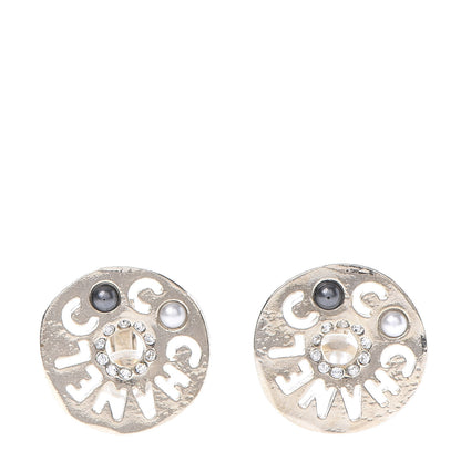 Chanel Crystal Pearl Papyrus Stud Clip On Earrings Gold Grey 1 of 5