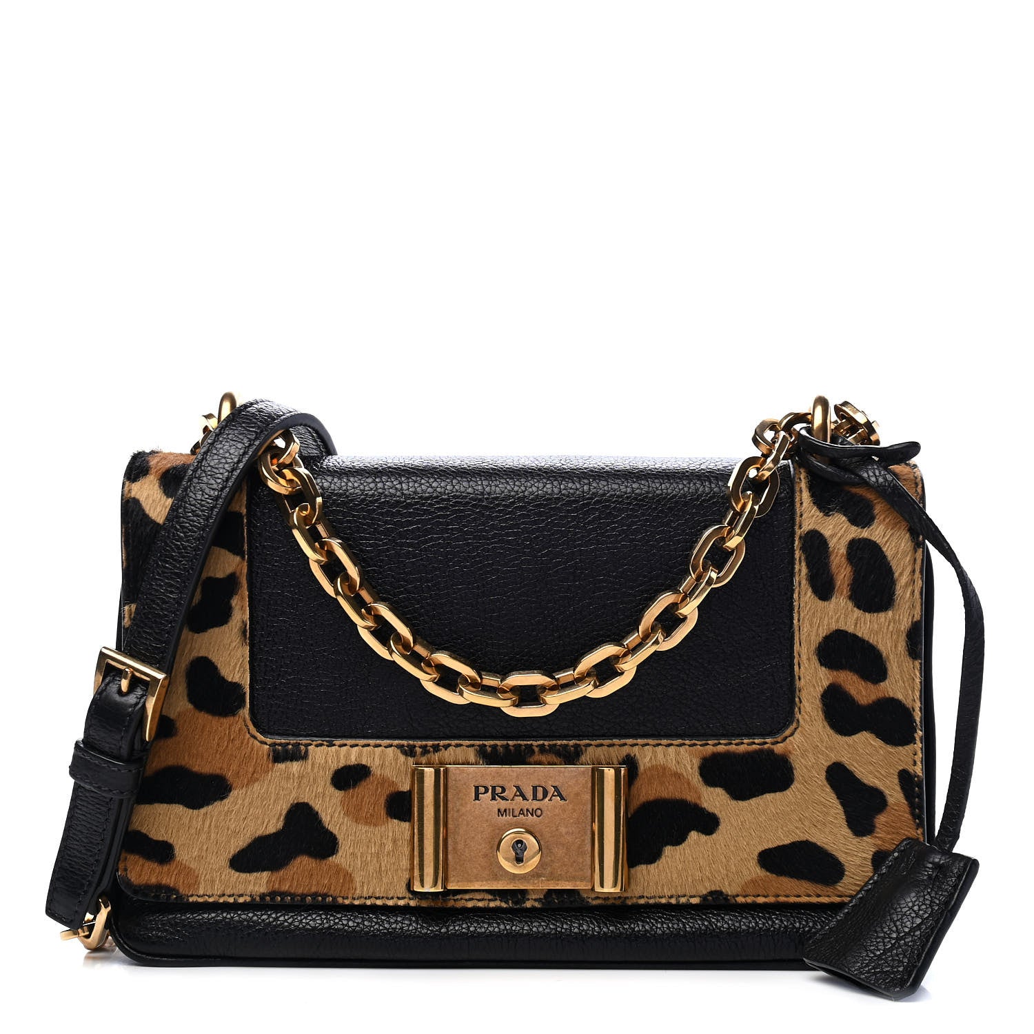 Prada Calfskin Calf Hair Leopard Print Chain Crossbody Bag Black 1 of 9