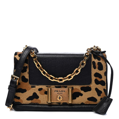 Prada Calfskin Calf Hair Leopard Print Chain Crossbody Bag Black 1 of 9