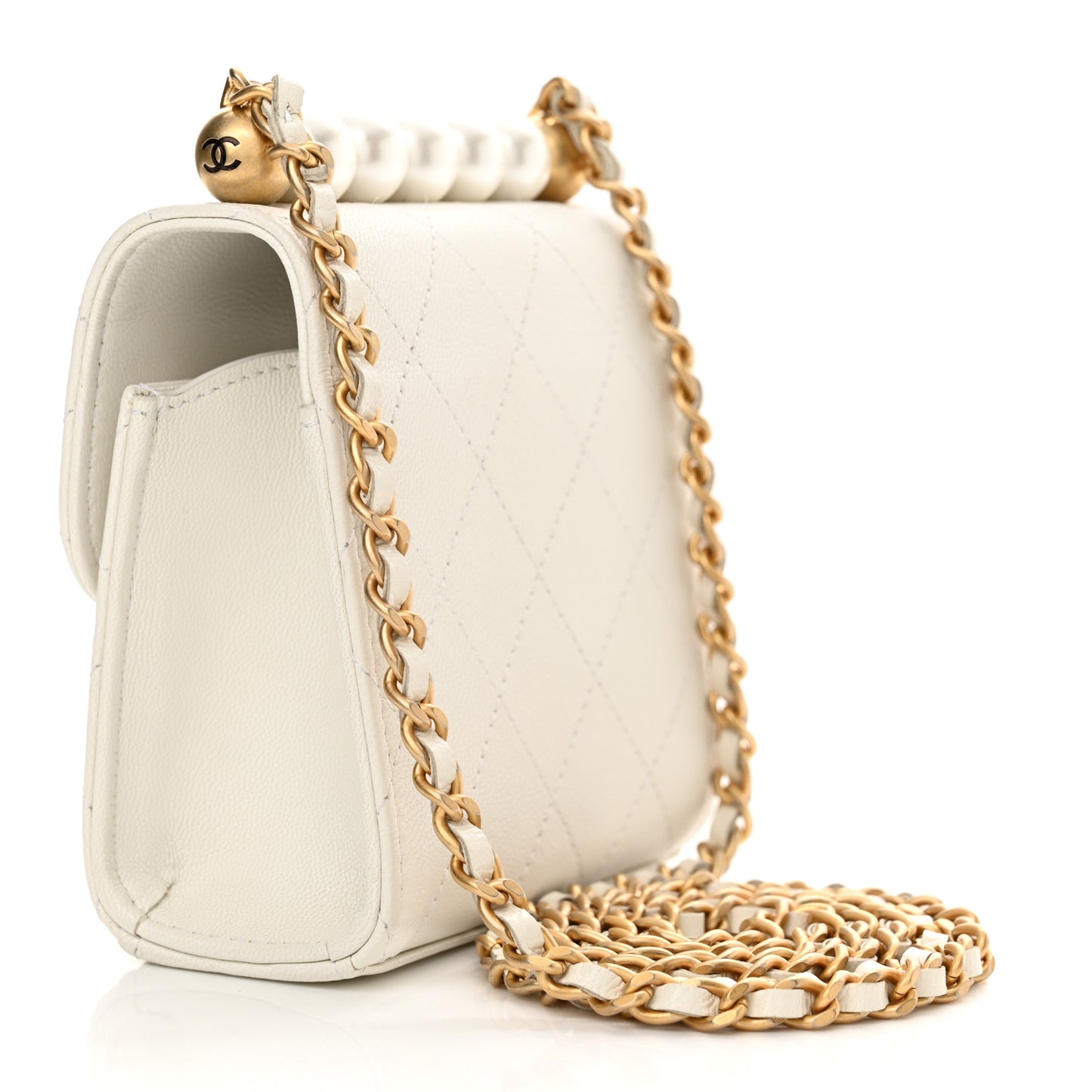 Goatskin Chic Pearls Clutch On Chain White