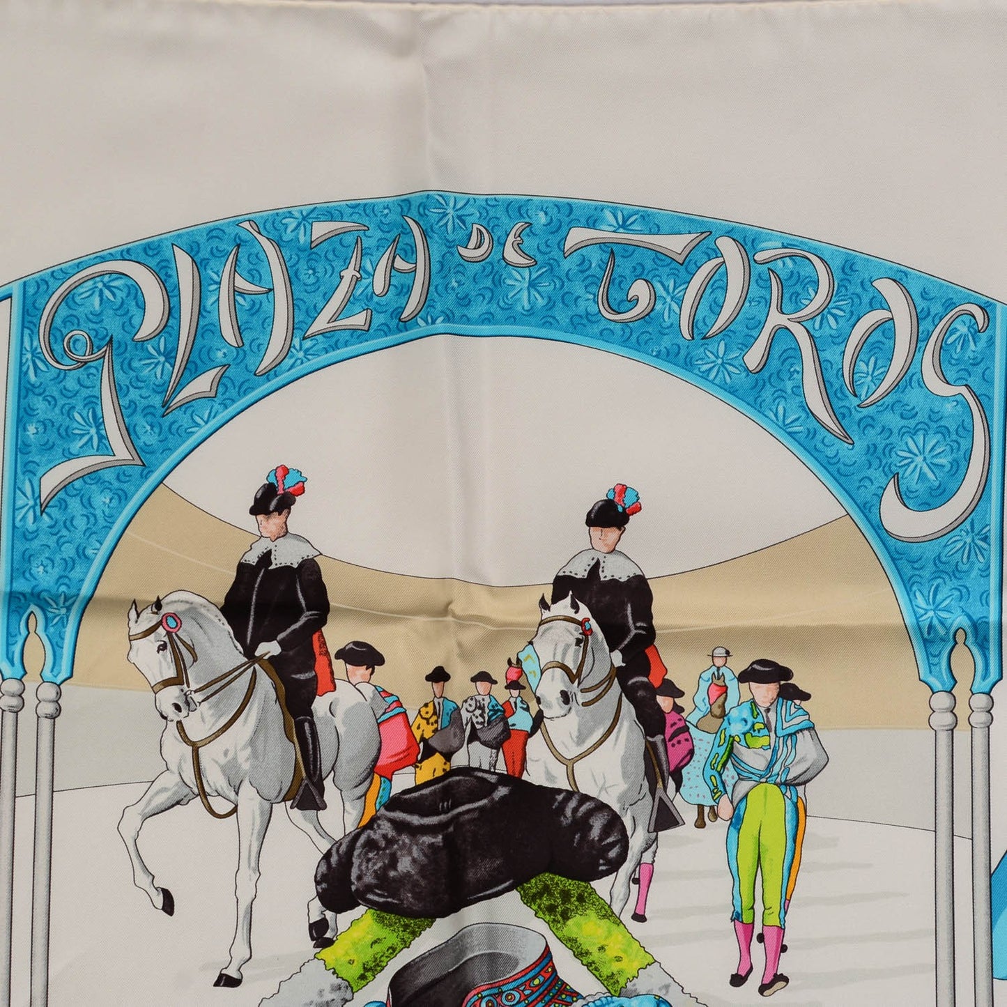 Silk Plaza De Toros Scarf 90 Blanc Turquoise Multicolor