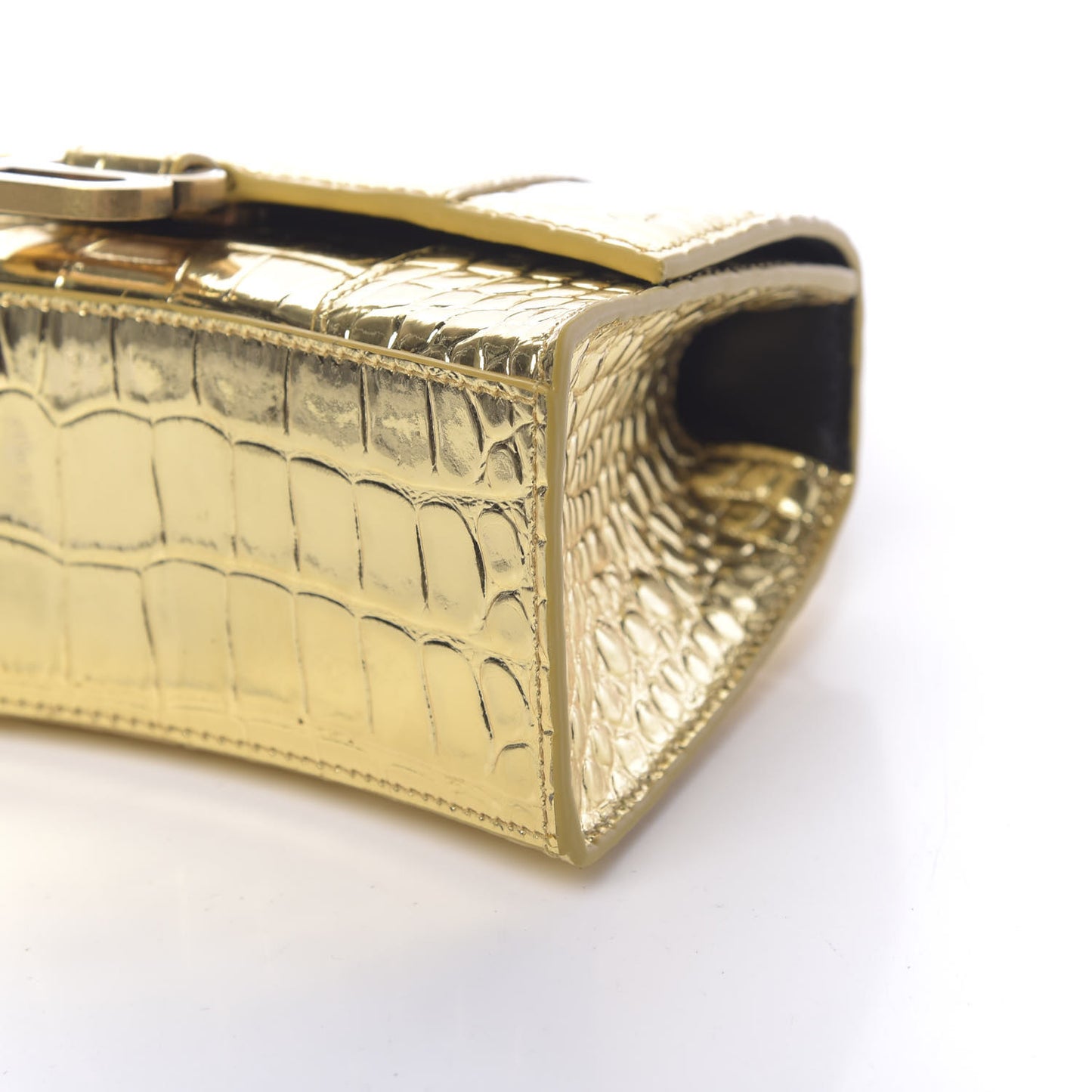 Metallic Calfskin Crocodile Embossed Hourglass Top Handle Bag XS Gold