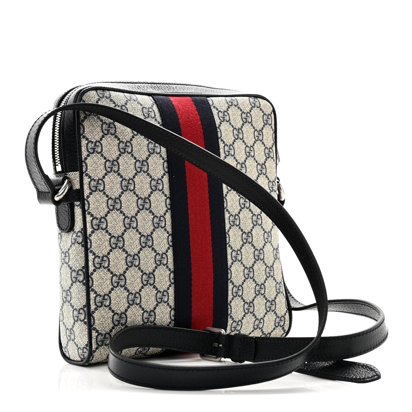 GG Supreme Monogram Textured Dollar Calfskin Web Small Ophidia Messenger Bag Beige Blue
