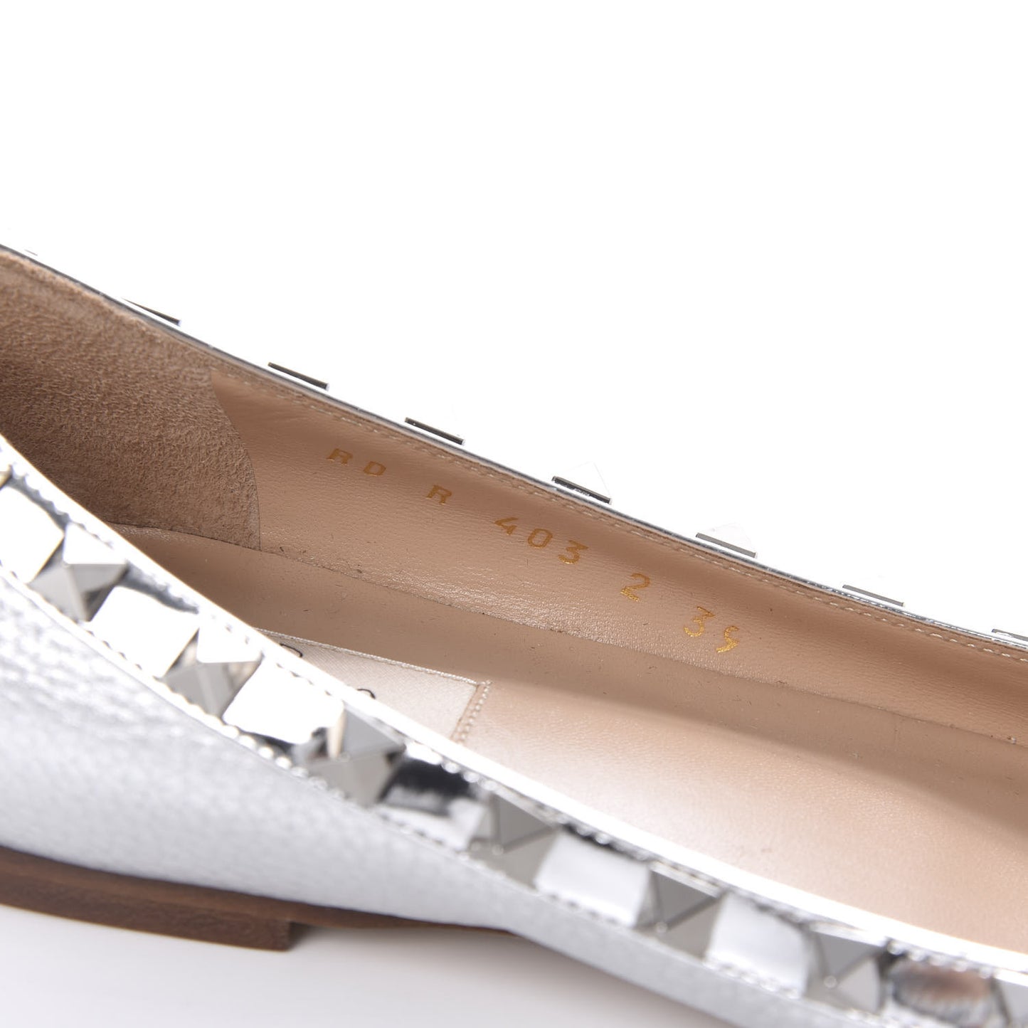Metallic Pebbled Calfskin Rockstud Ballerina Flats 39 Silver