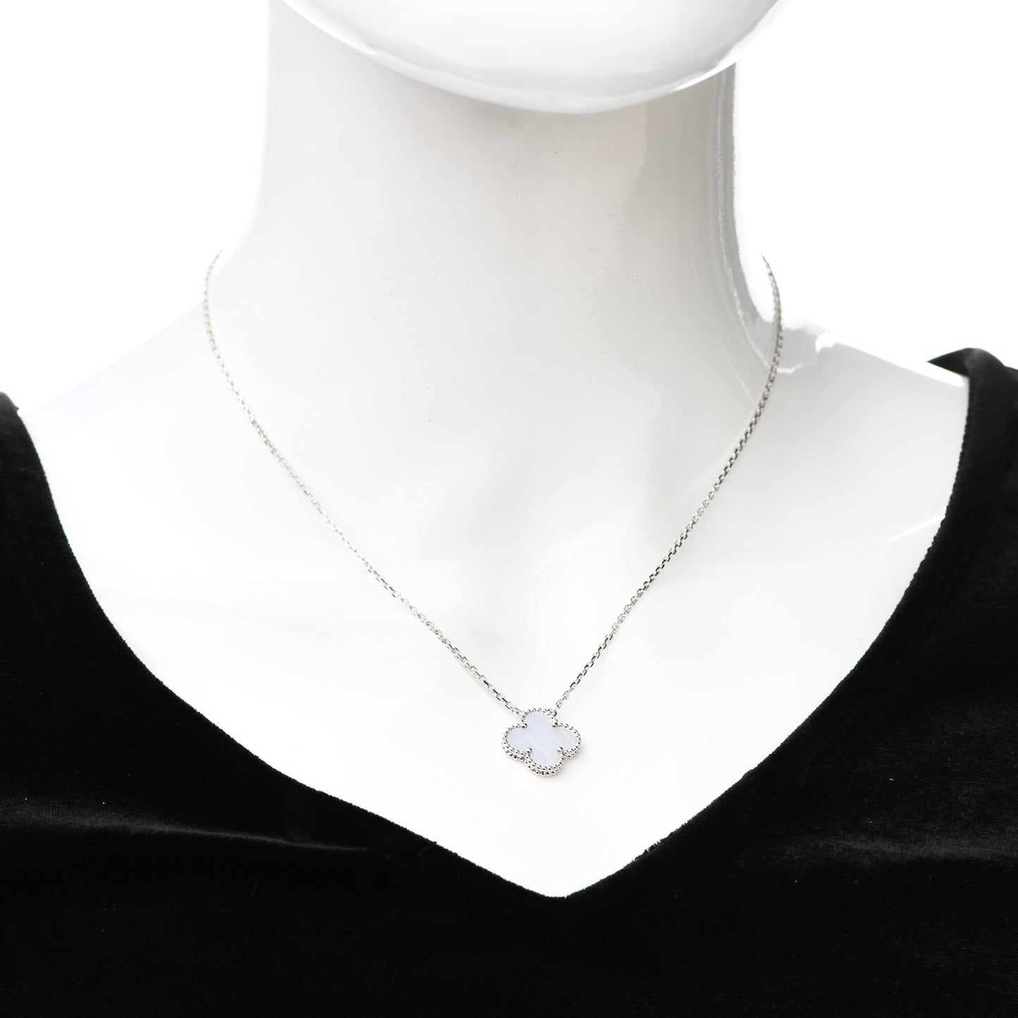 18K White Gold Chalcedony Vintage Alhambra Pendant Necklace