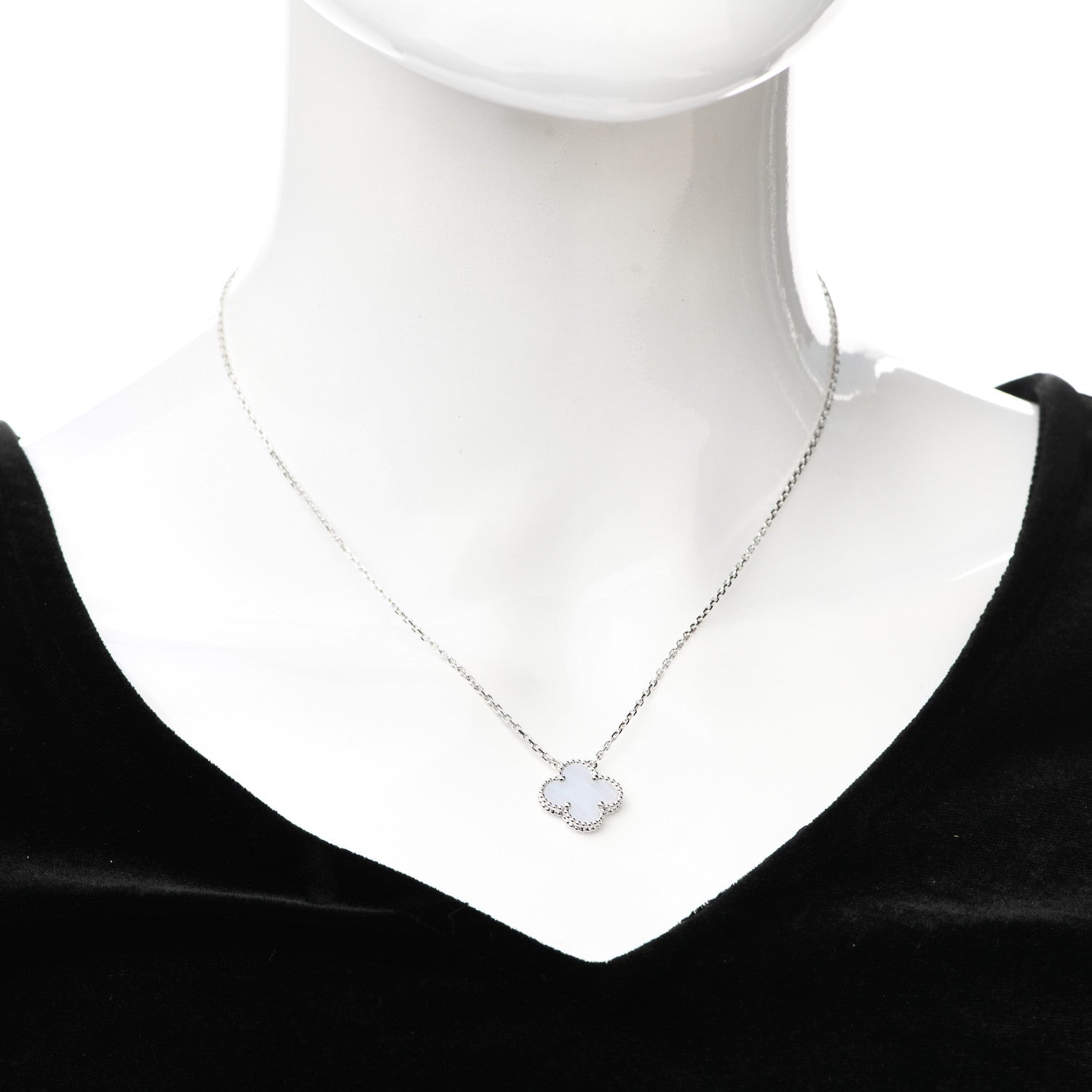Van Cleef & Arpels 18K White Gold Chalcedony Vintage Alhambra Pendant Necklace 2 of 6