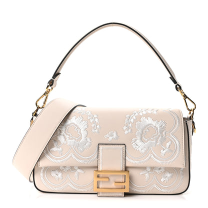 Fendi Vitello Seta Nappa Floral Embroidered Baguette Camelia White Ice 1 of 9