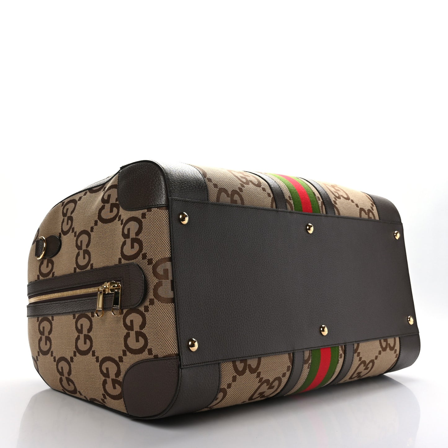Monogram Jumbo GG Textured Dollar Calfskin Web Maxi Duffle Bag Camel Ebony