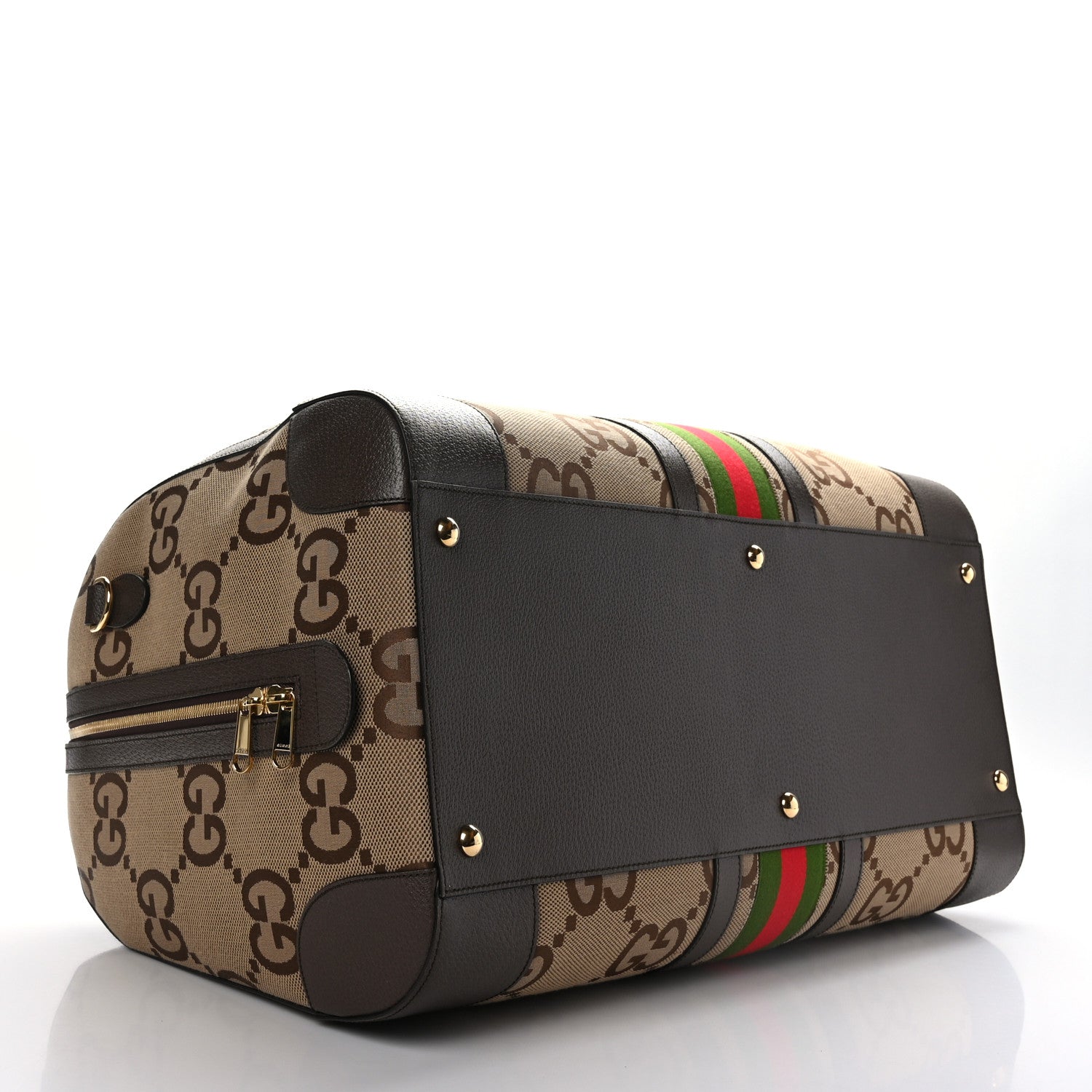 Gucci Monogram Jumbo GG Textured Dollar Calfskin Web Maxi Duffle Bag Camel Ebony 3 of 10