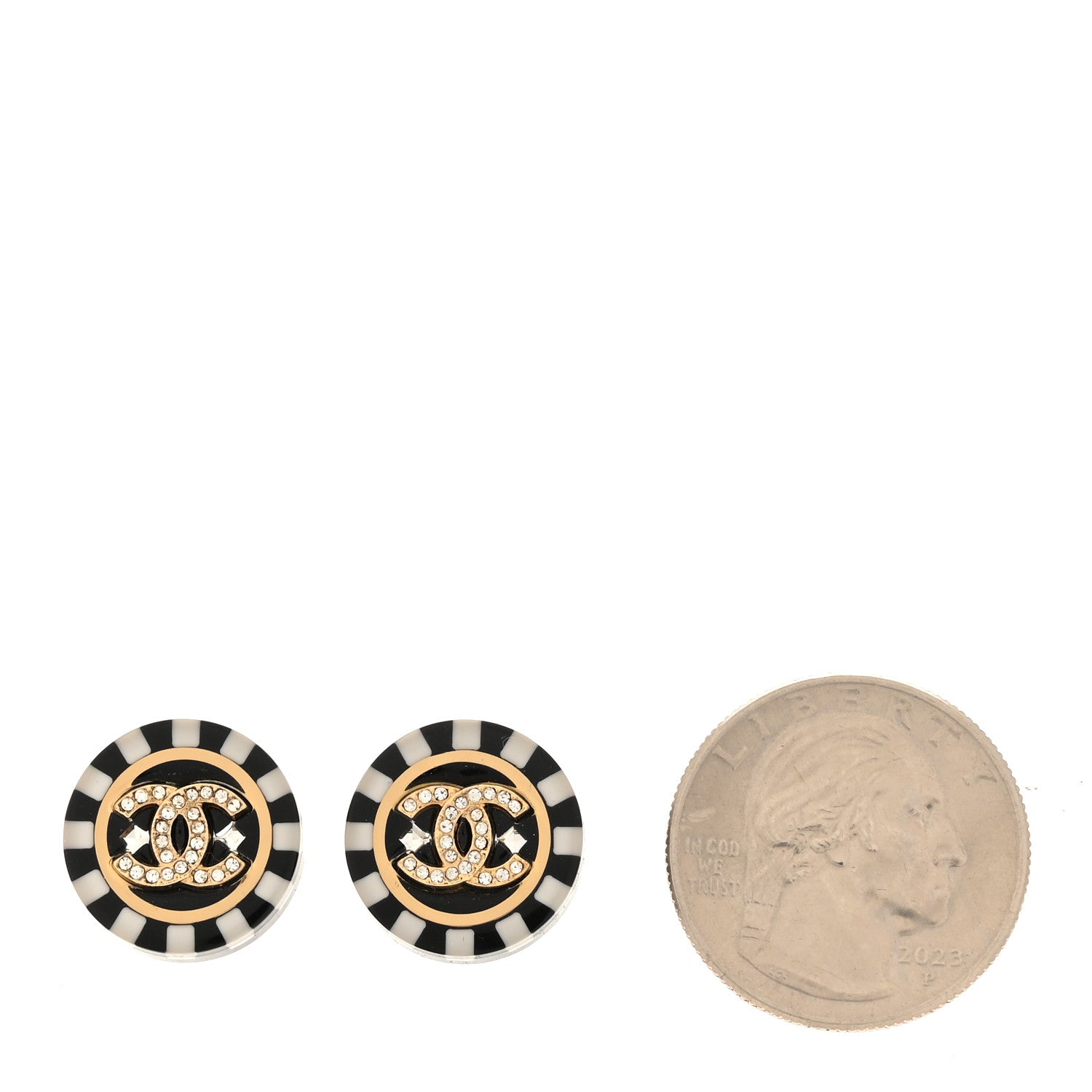 Chanel Resin Crystal CC Round Poker Chip Earrings Black White Gold 2 of 5