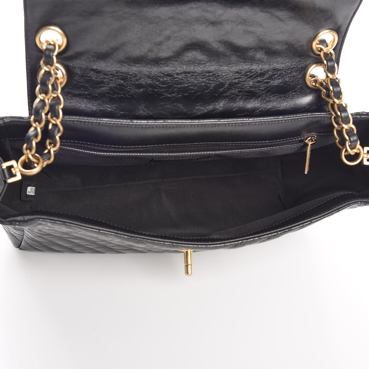 Glazed Calfskin Chevron Quilted Large Hampton Flap Black