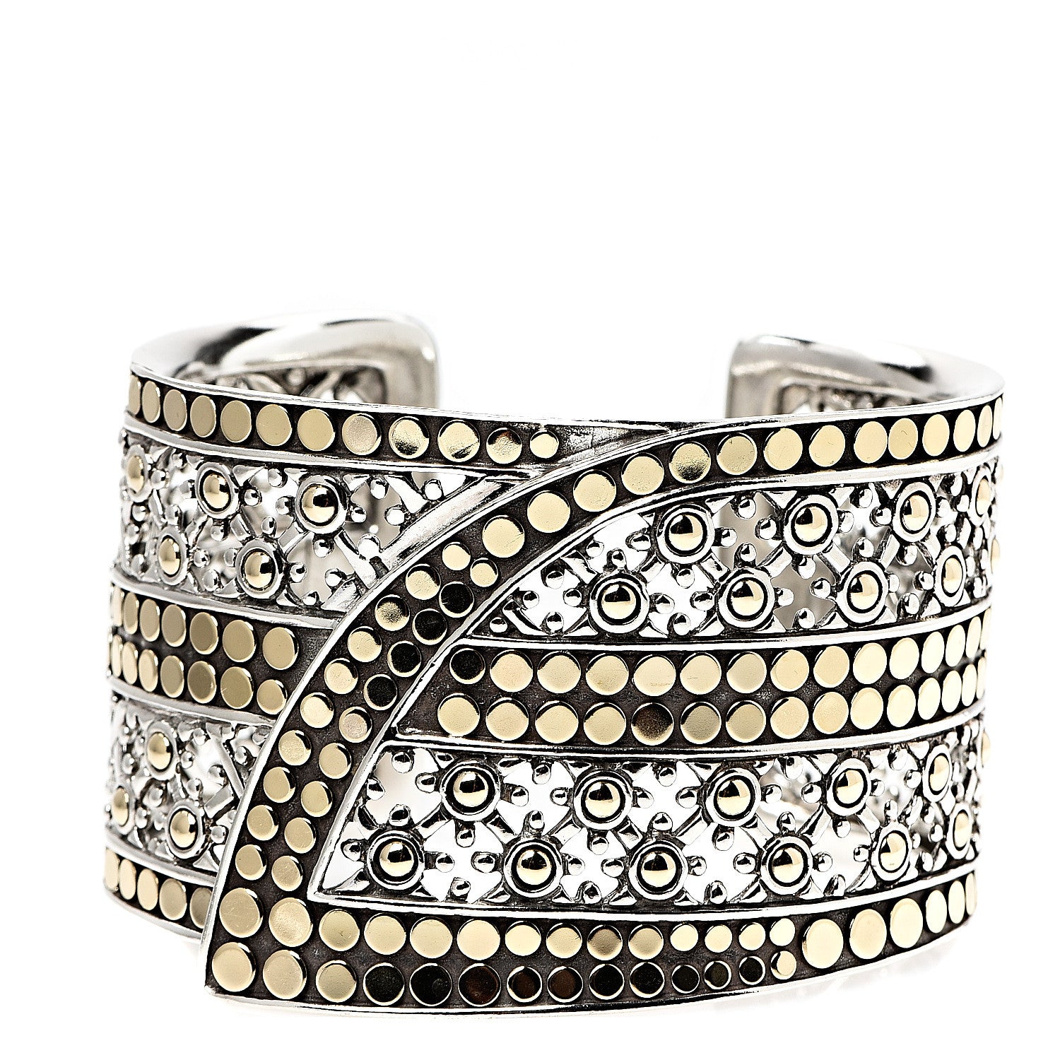 John Hardy Sterling Silver 18K Yellow Gold Wide Jaisalmer Dot Kick Cuff Bracelet 1 of 5