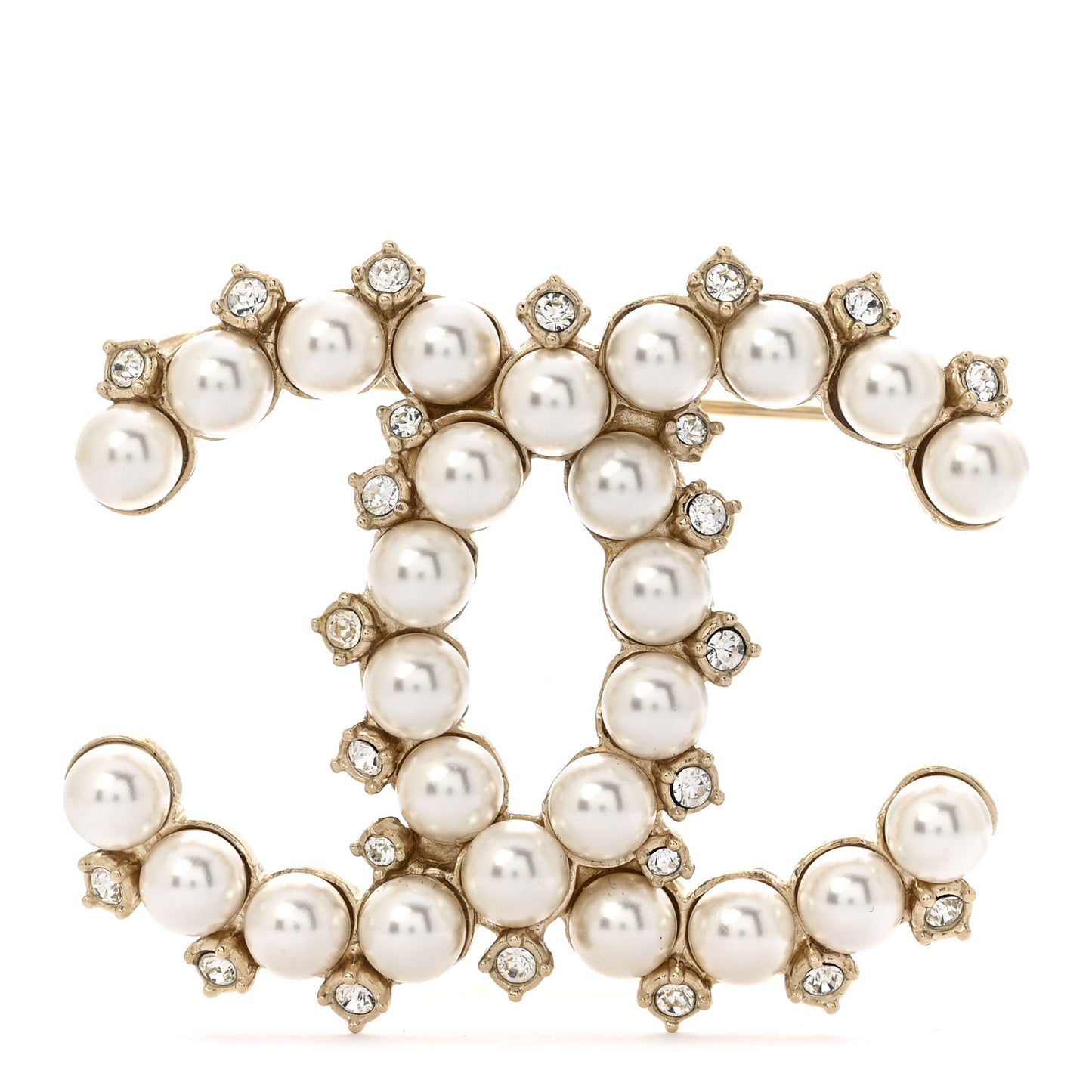 Pearl Crystal CC Brooch Gold