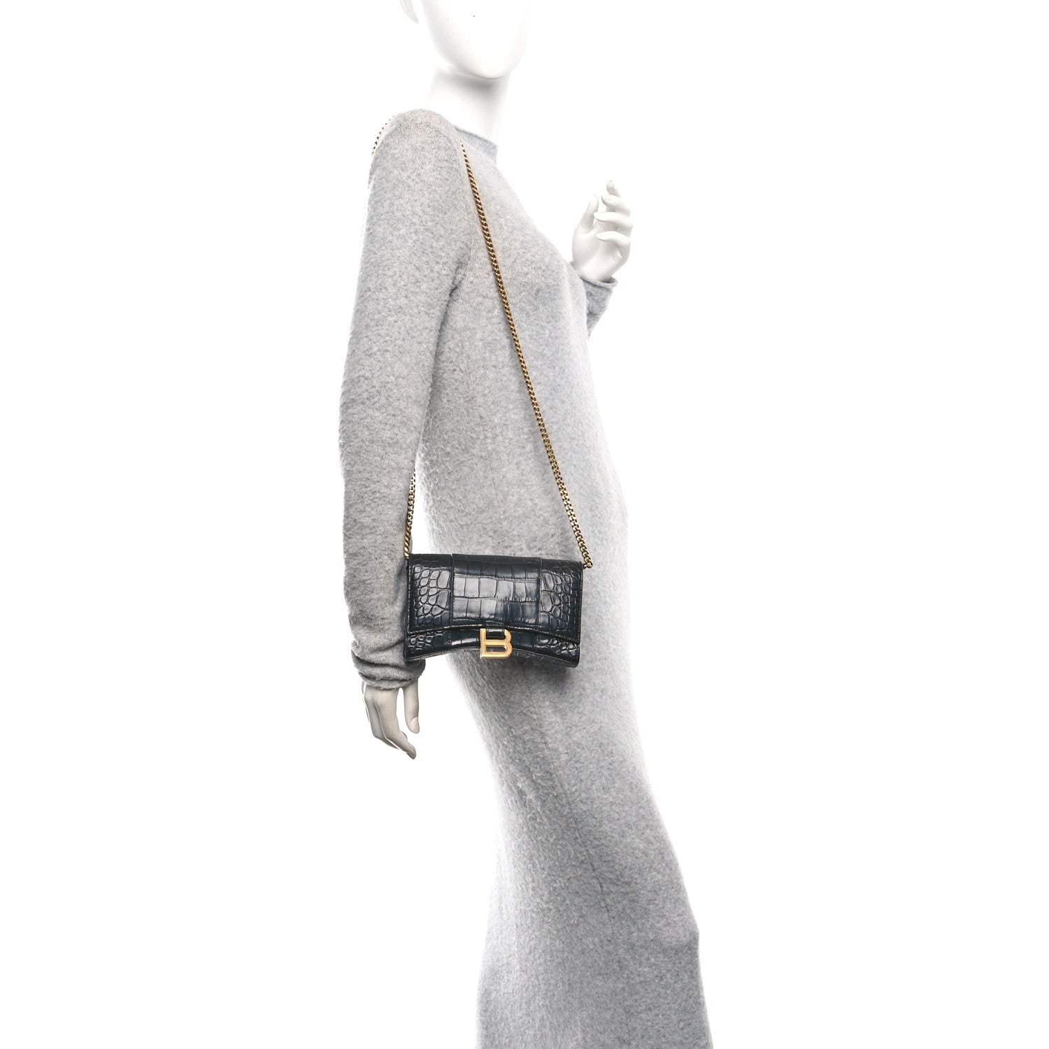 Balenciaga Shiny Calfskin Crocodile Embossed Hourglass Chain Bag Black 2 of 10