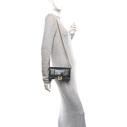 Balenciaga Shiny Calfskin Crocodile Embossed Hourglass Chain Bag Black 2 of 10