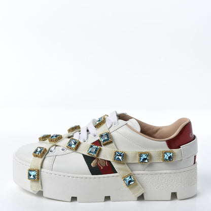 Gucci Calfskin Removable Crystals Bee Embroidered Womens Ace Platform Sneakers 35.5 White 1 of 10