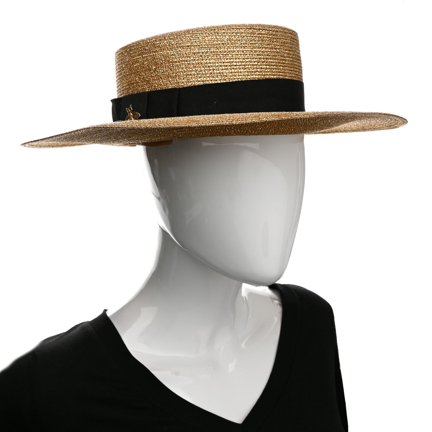 Glittered Straw Grosgrain Wide Brim Hat XS Gold Black