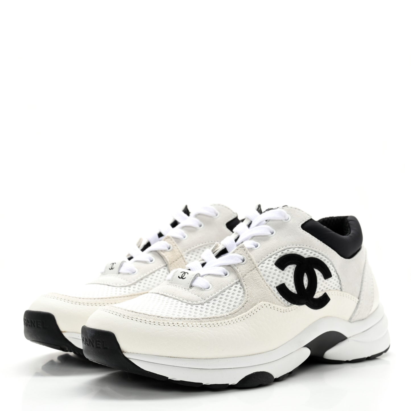 Mesh Suede Calfskin Grained Calfskin Womens CC Sneakers 38 White Black