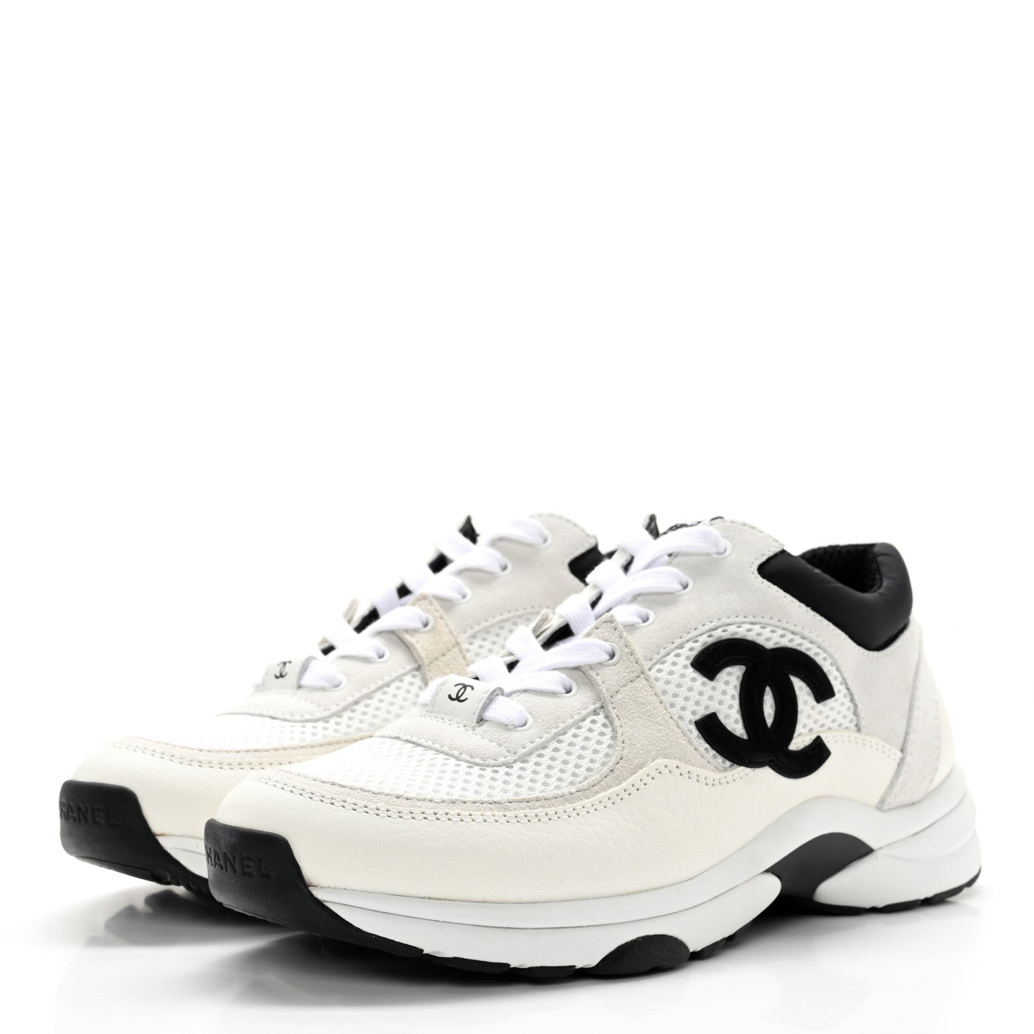 Chanel Mesh Suede Calfskin Grained Calfskin Womens CC Sneakers 38 White Black 3 of 12