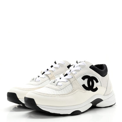 Chanel Mesh Suede Calfskin Grained Calfskin Womens CC Sneakers 38 White Black 3 of 12