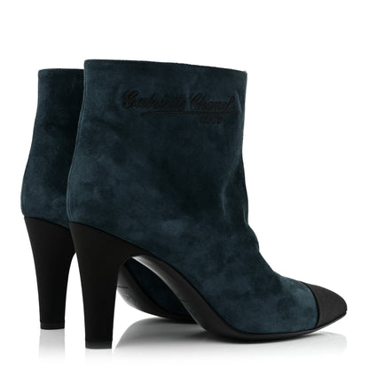 Chanel Suede Calfskin Satin Gabrielle Cap Toe Short Boots 38 Blue Black 4 of 9