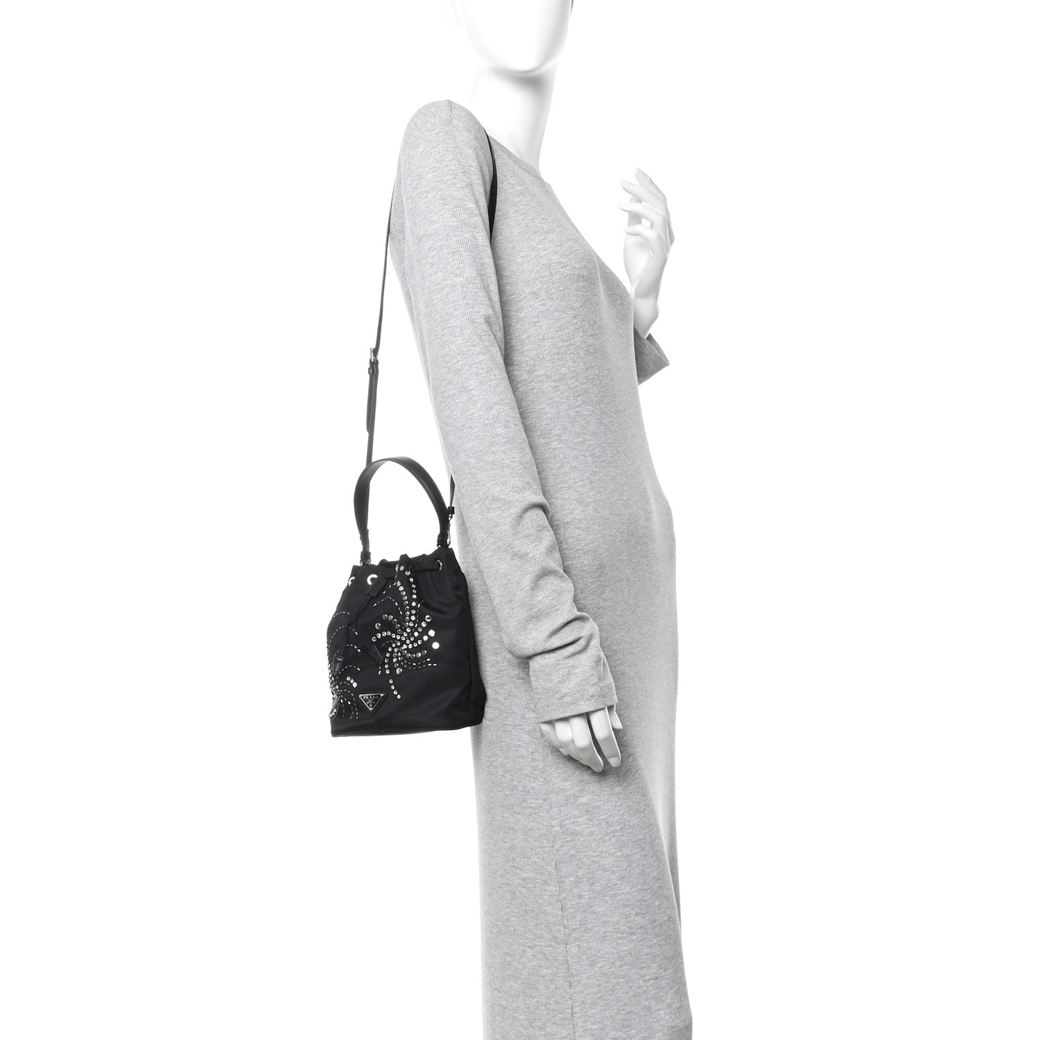 Prada Tessuto Saffiano Ricamo Sequin Crystal Embellished Mini Re-Edition 1978 Bucket Bag Black 2 of 10
