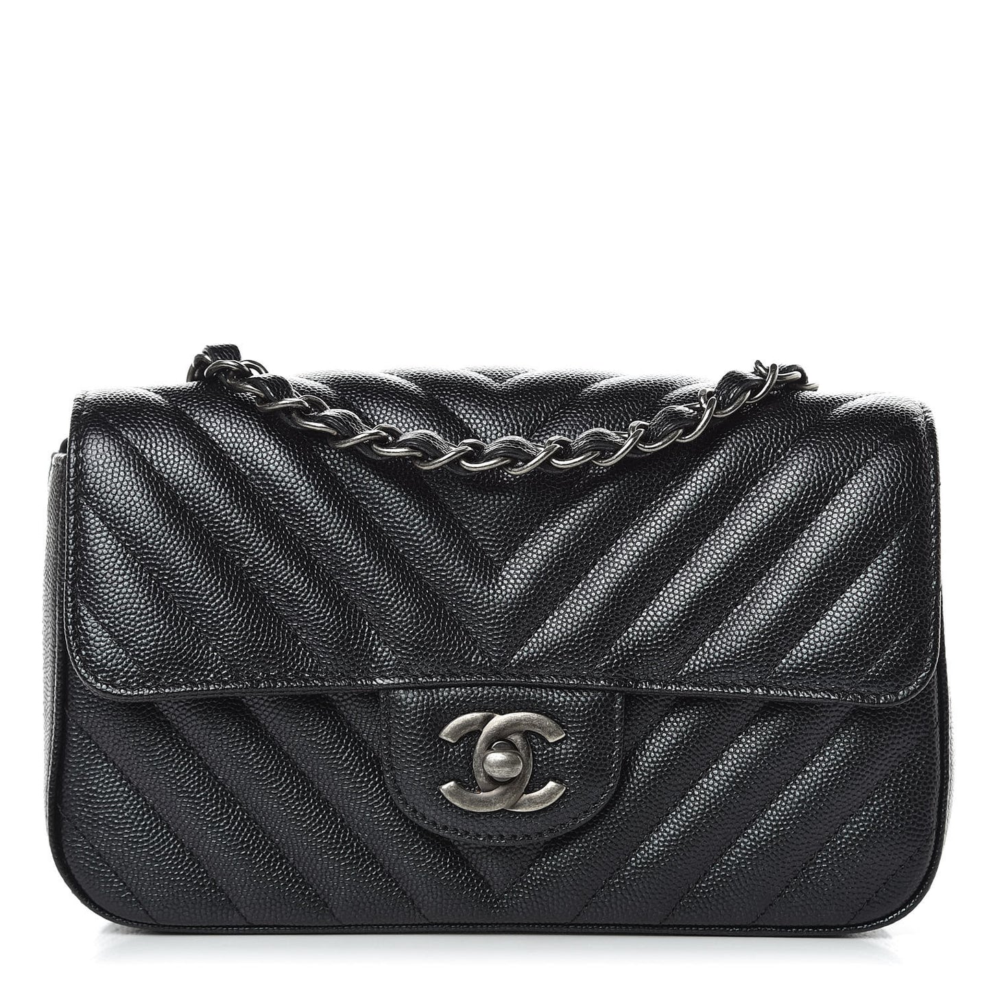 Iridescent Caviar Chevron Quilted Mini Rectangular Flap Black