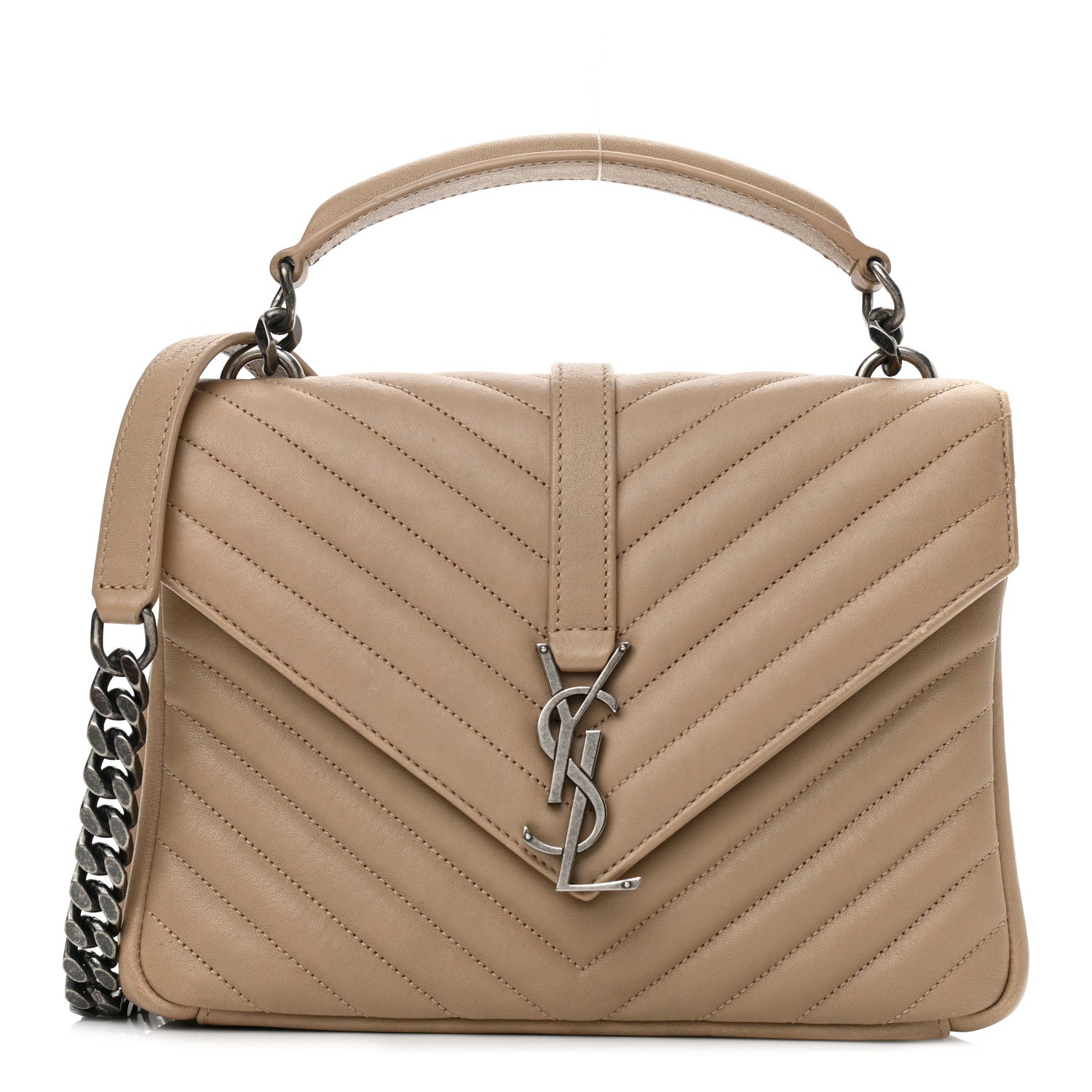Saint Laurent Sheepskin Matelasse Chevron Monogram Medium College Bag Dark Beige 1 of 10