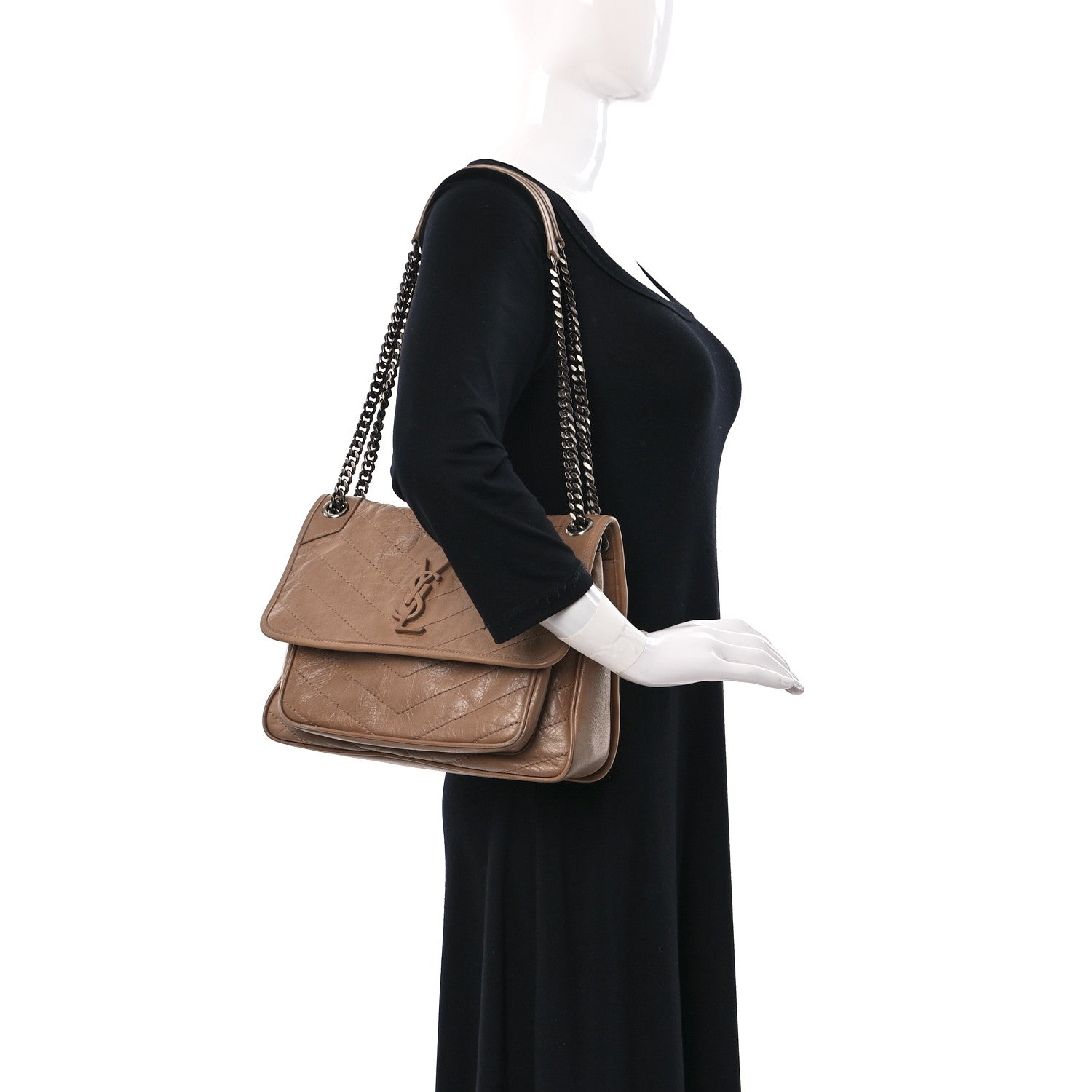 Saint Laurent Crinkled Calfskin Matelasse Monogram Medium Niki Chain Satchel Dark Toffee 2 of 10