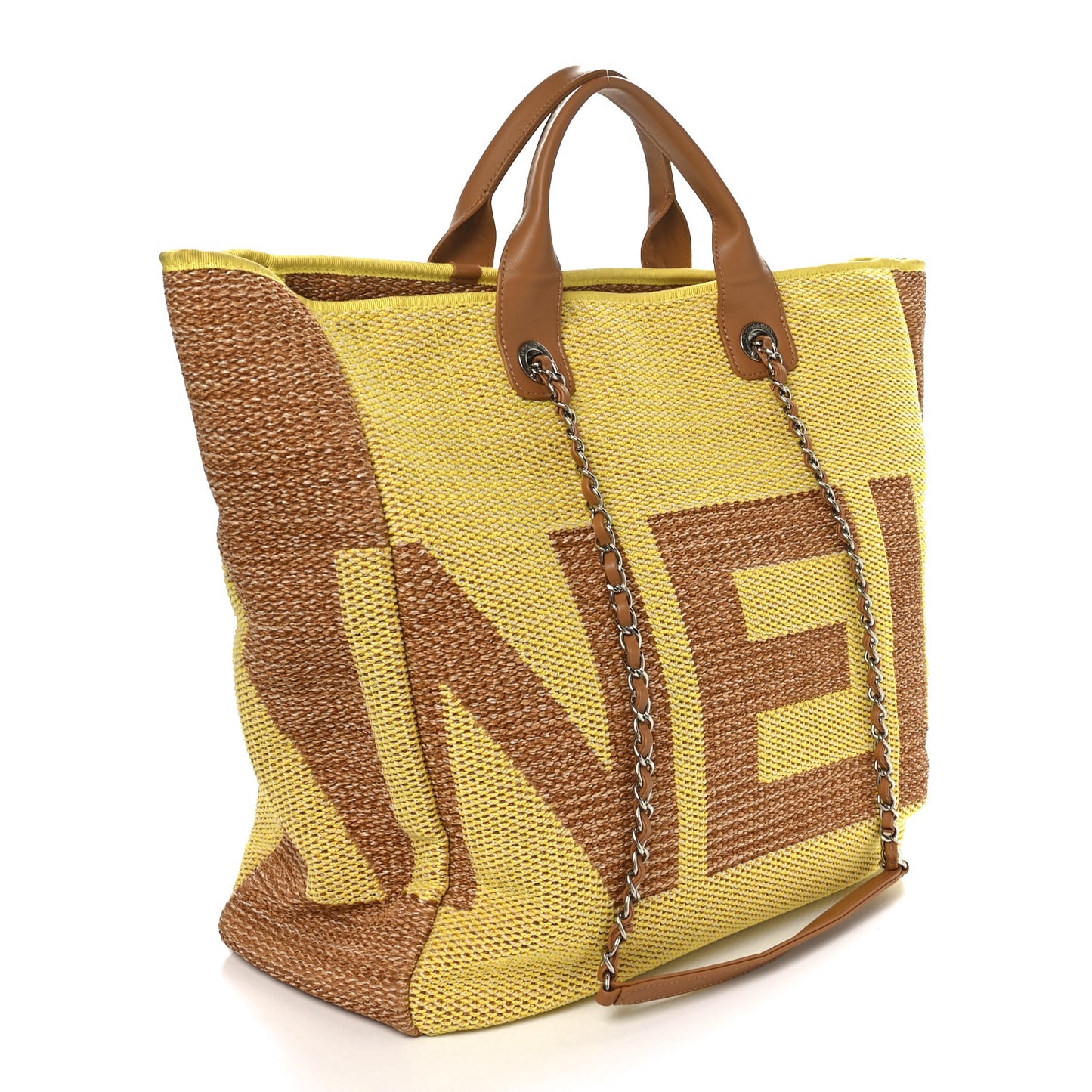 Mixed Fibers Large Shopping Bag Yellow Brown