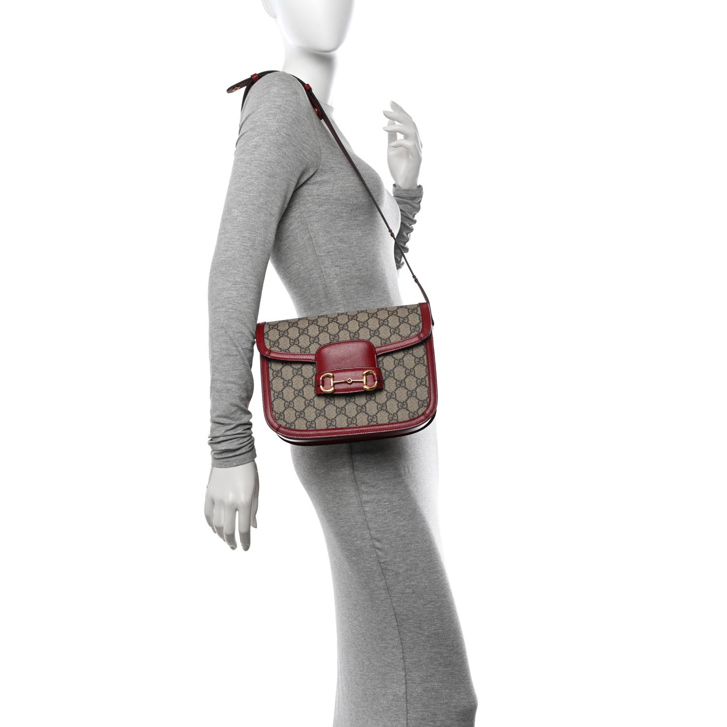 GG Supreme Monogram Azalea Calfskin Horsebit 1955 Shoulder Bag Beige Ebony New Cherry Red